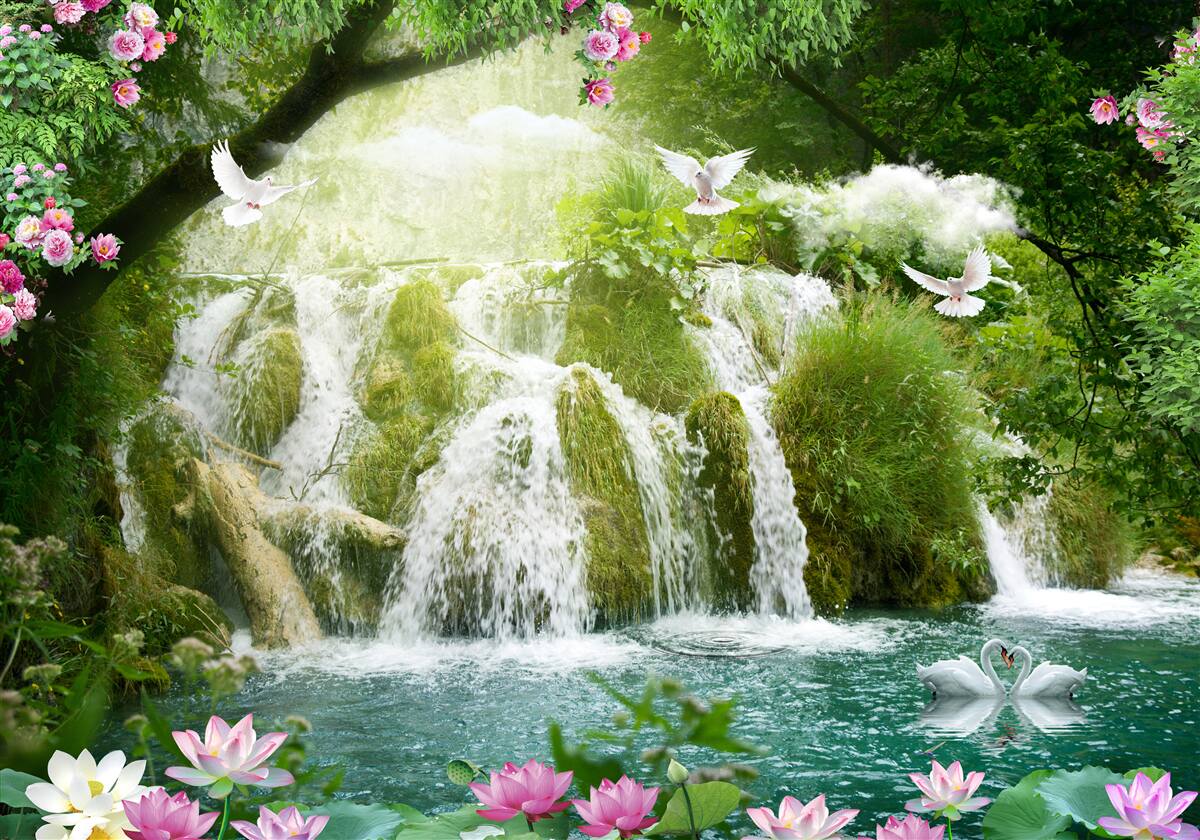 Fototapet apa care cade dintr-o cascadă din pădure