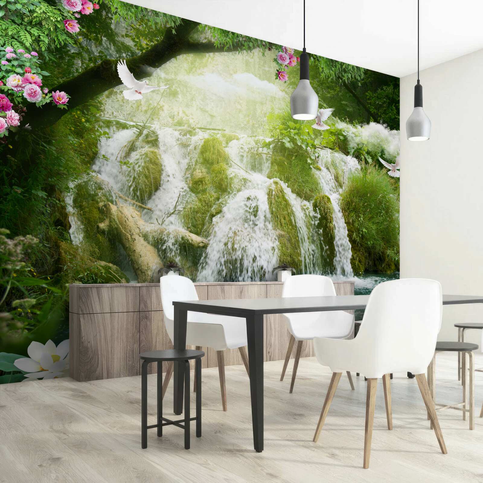 Fototapet apa care cade dintr-o cascadă din pădure