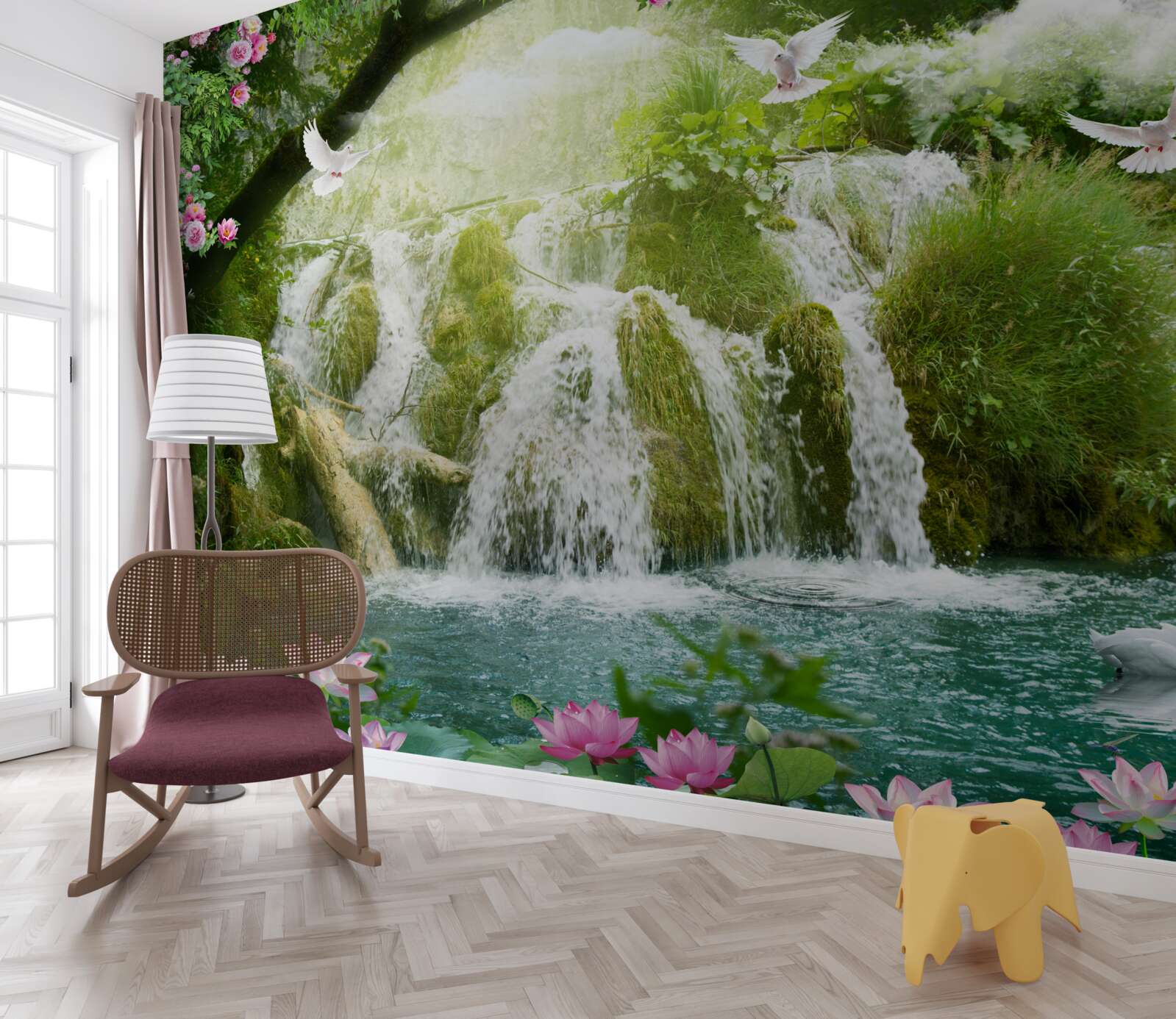 Fototapet apa care cade dintr-o cascadă din pădure