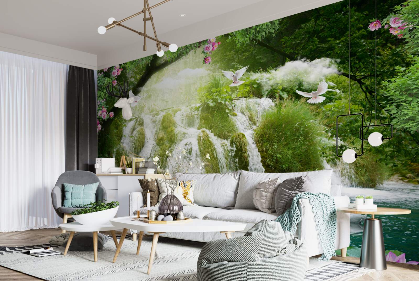 Fototapet apa care cade dintr-o cascadă din pădure