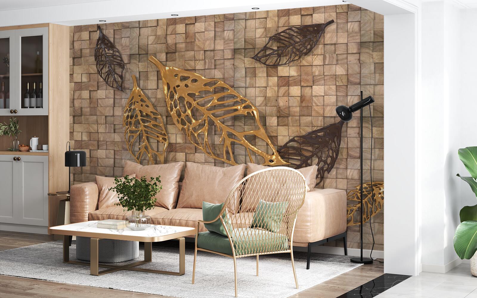 Fototapet mozaicul este încadrat de frunze