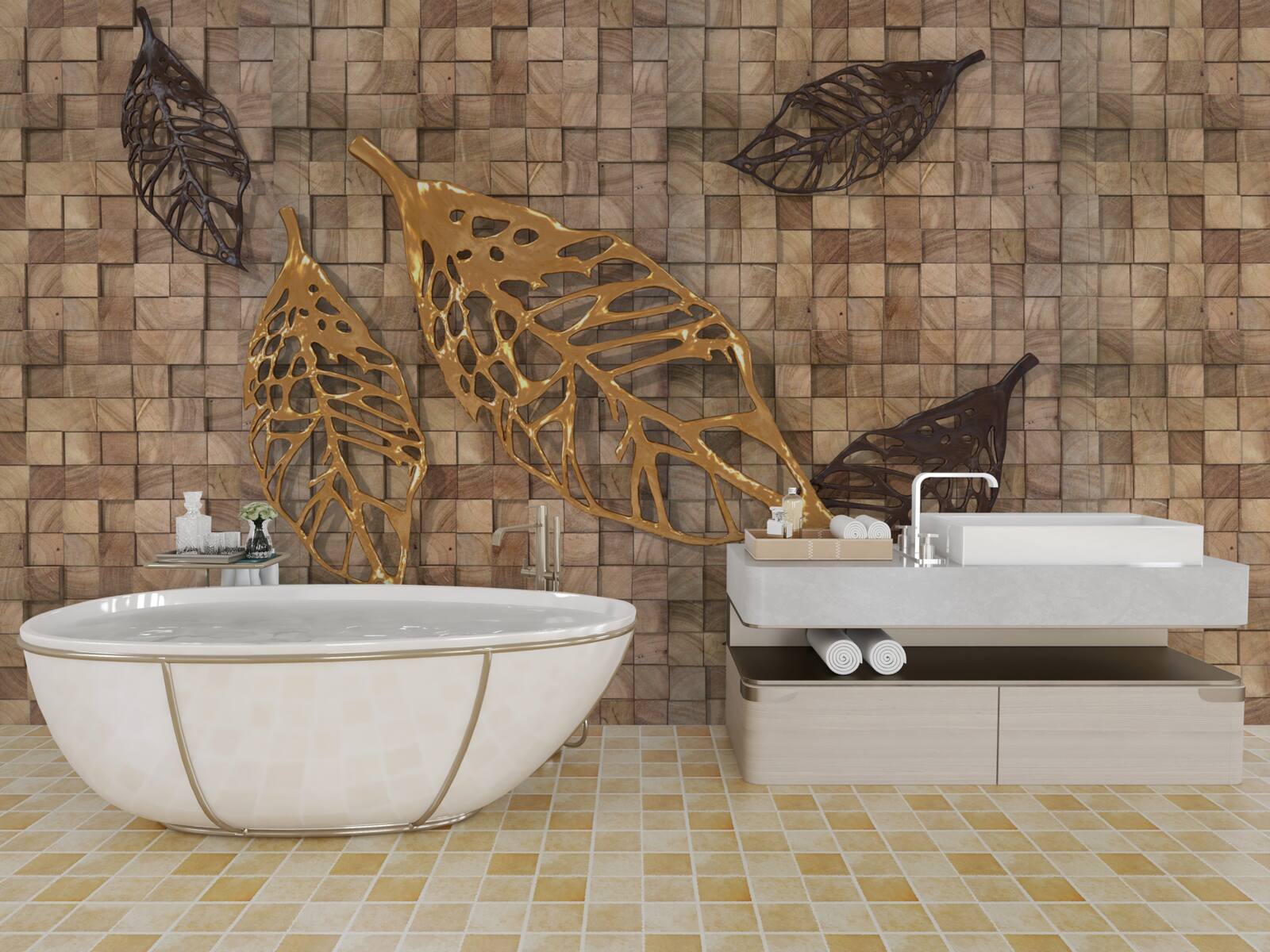 Fototapet mozaicul este încadrat de frunze