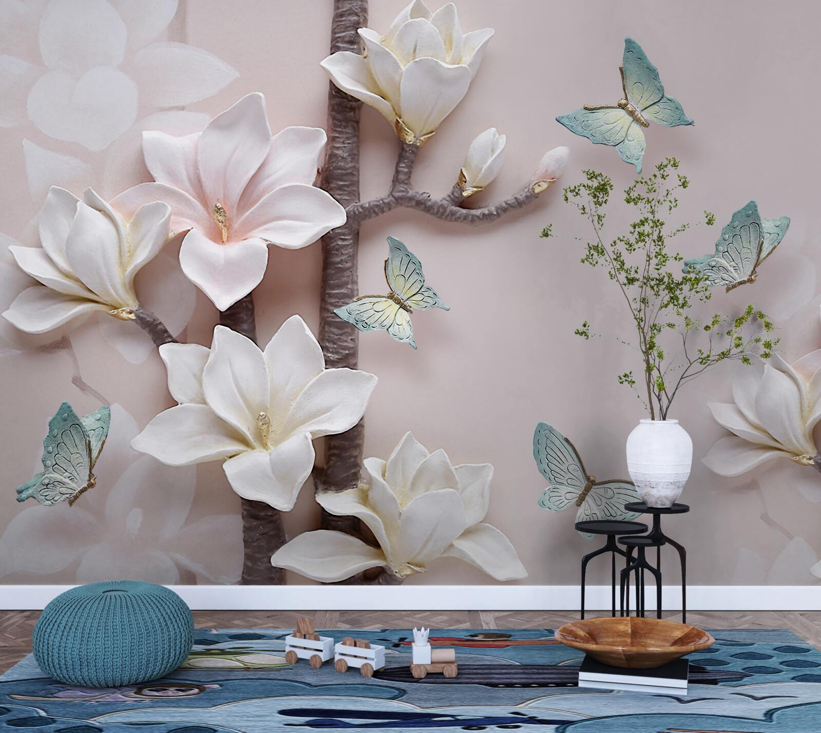 Fototapet fluturi albaștri și flori albe