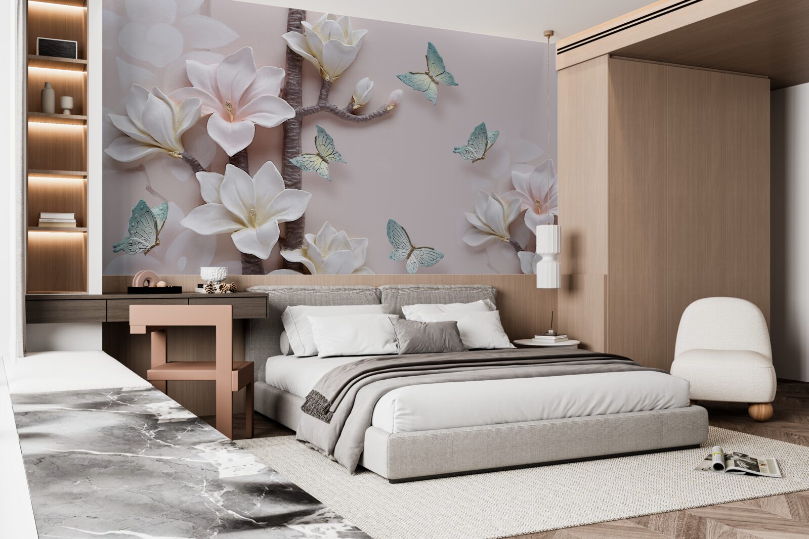 Fototapet fluturi albaștri și flori albe