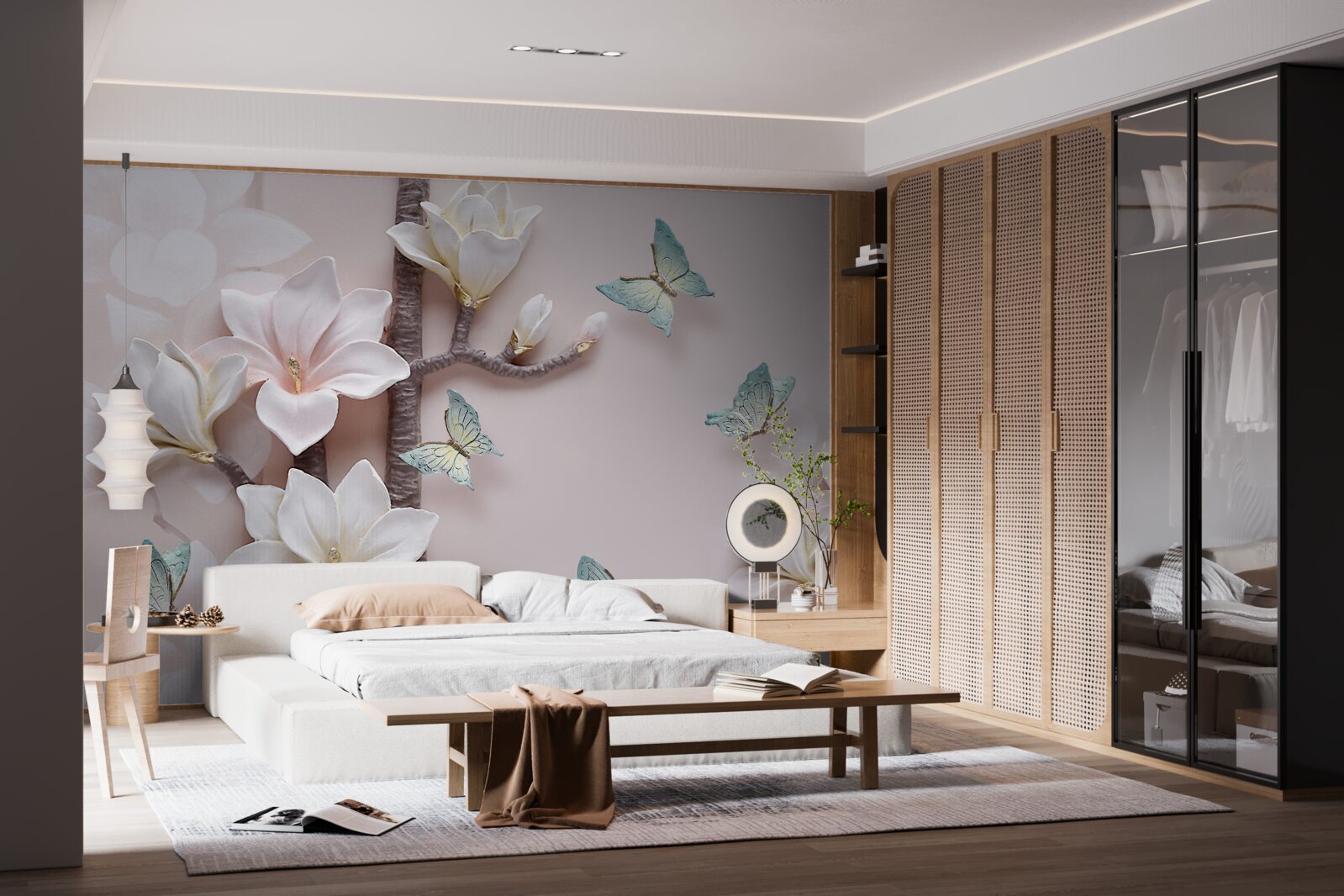 Fototapet fluturi albaștri și flori albe