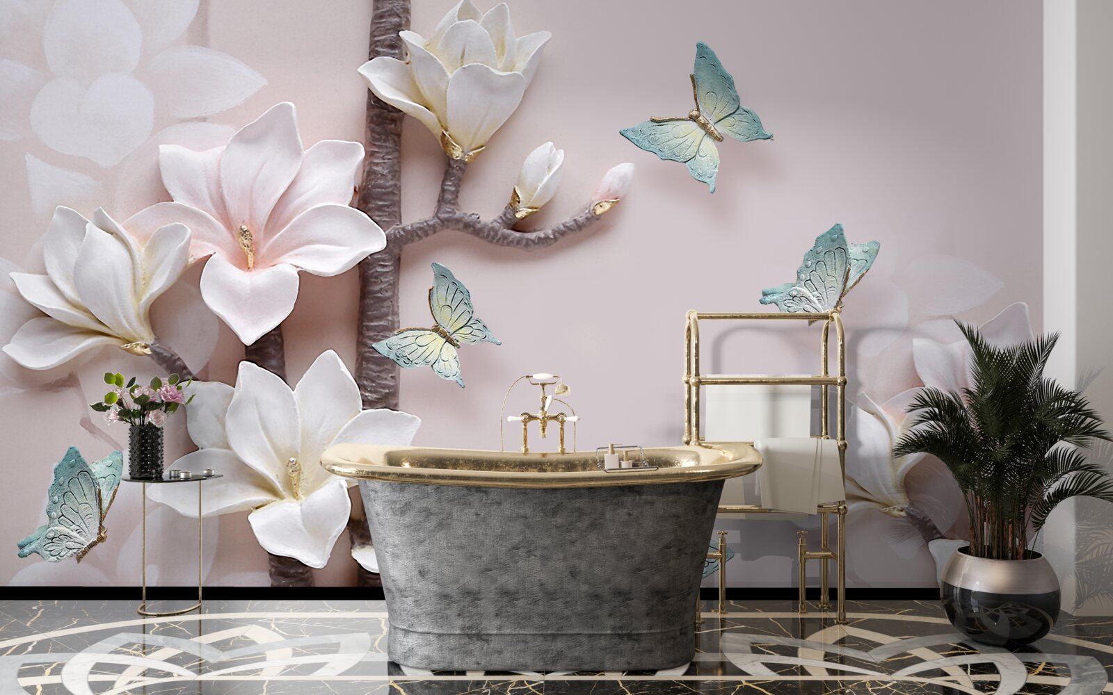 Fototapet fluturi albaștri și flori albe