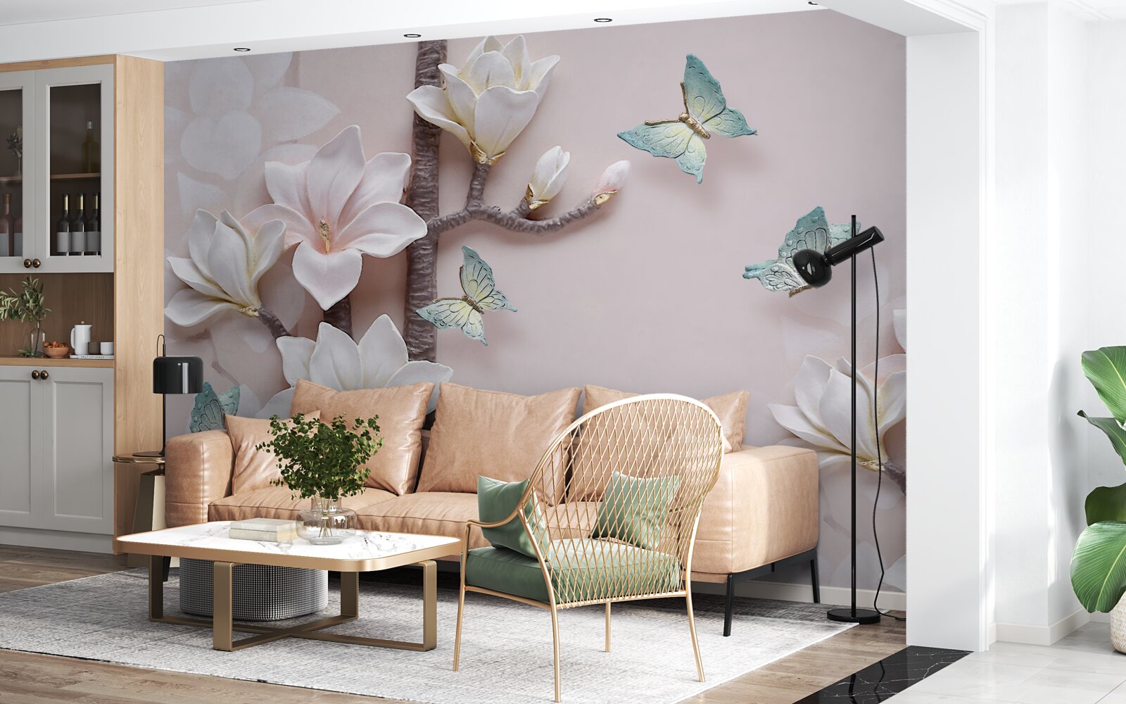 Fototapet fluturi albaștri și flori albe