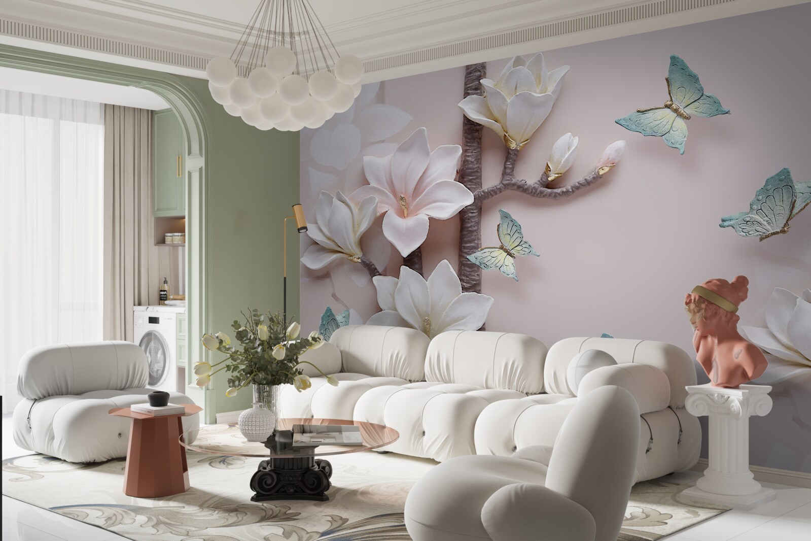 Fototapet fluturi albaștri și flori albe