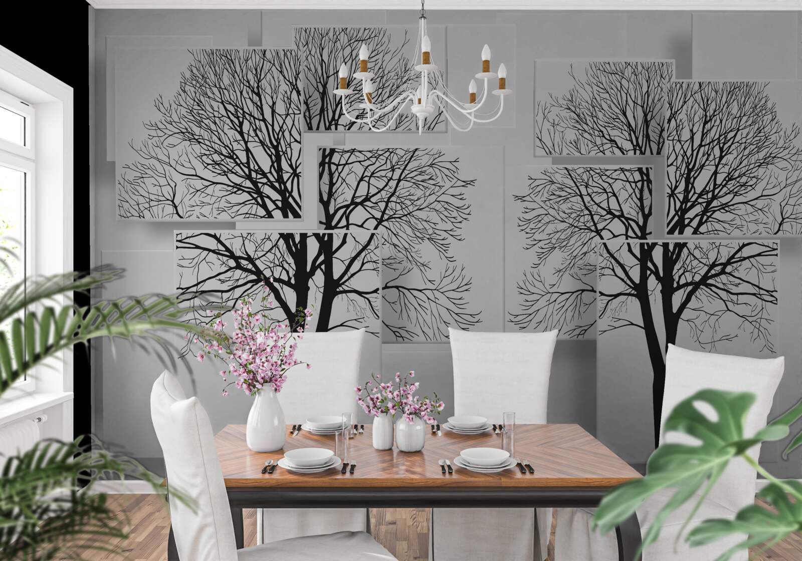 Fototapet doi copaci căzuți pe un fundal deschis