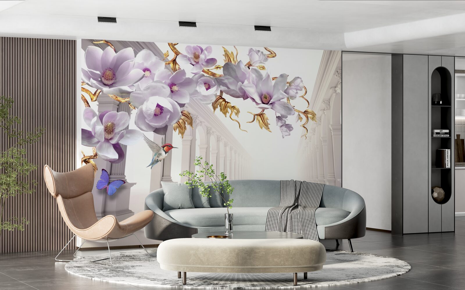 Fototapet tunel fără sfârșit decorat cu flori strălucitoare și fluturi