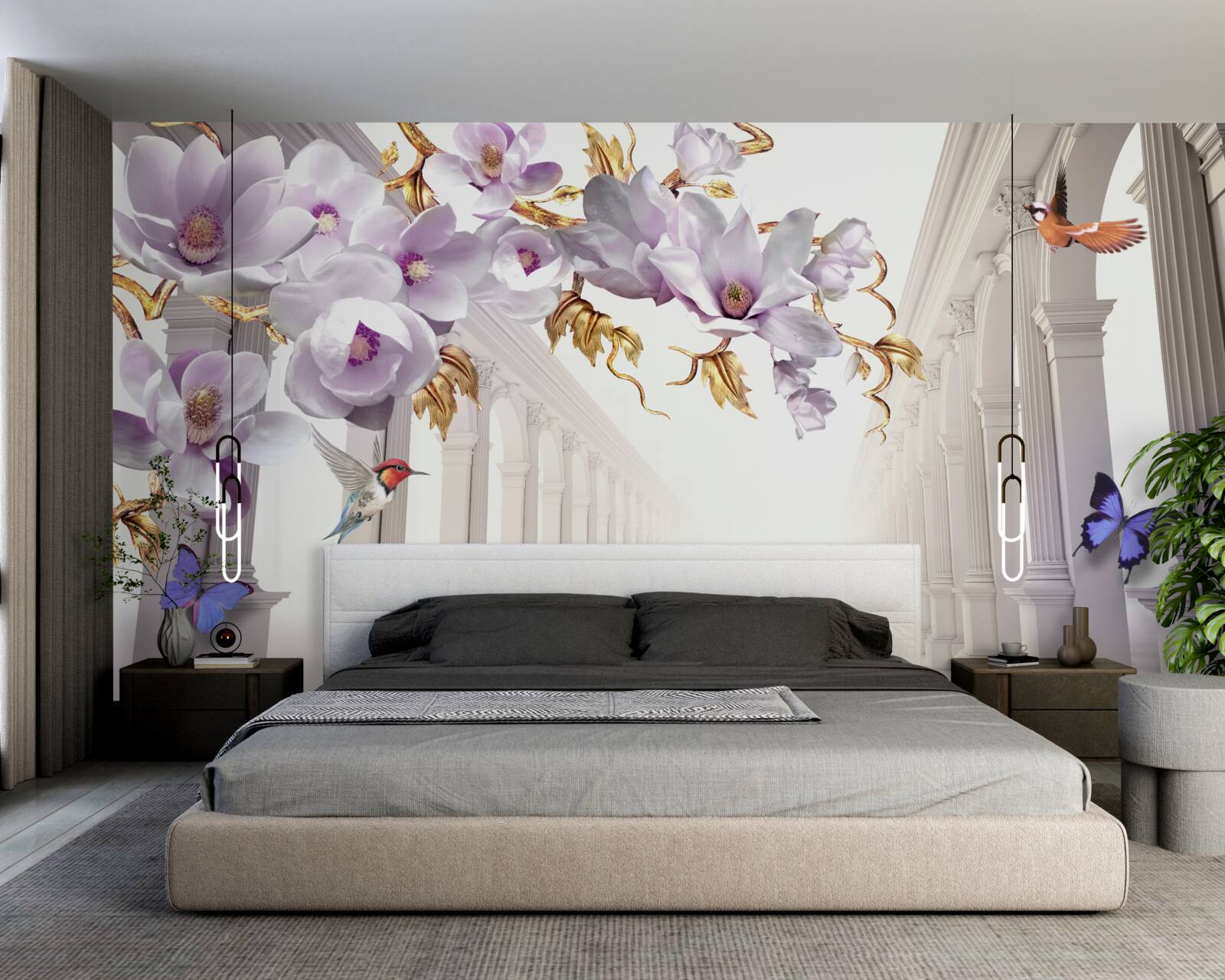 Fototapet tunel fără sfârșit decorat cu flori strălucitoare și fluturi