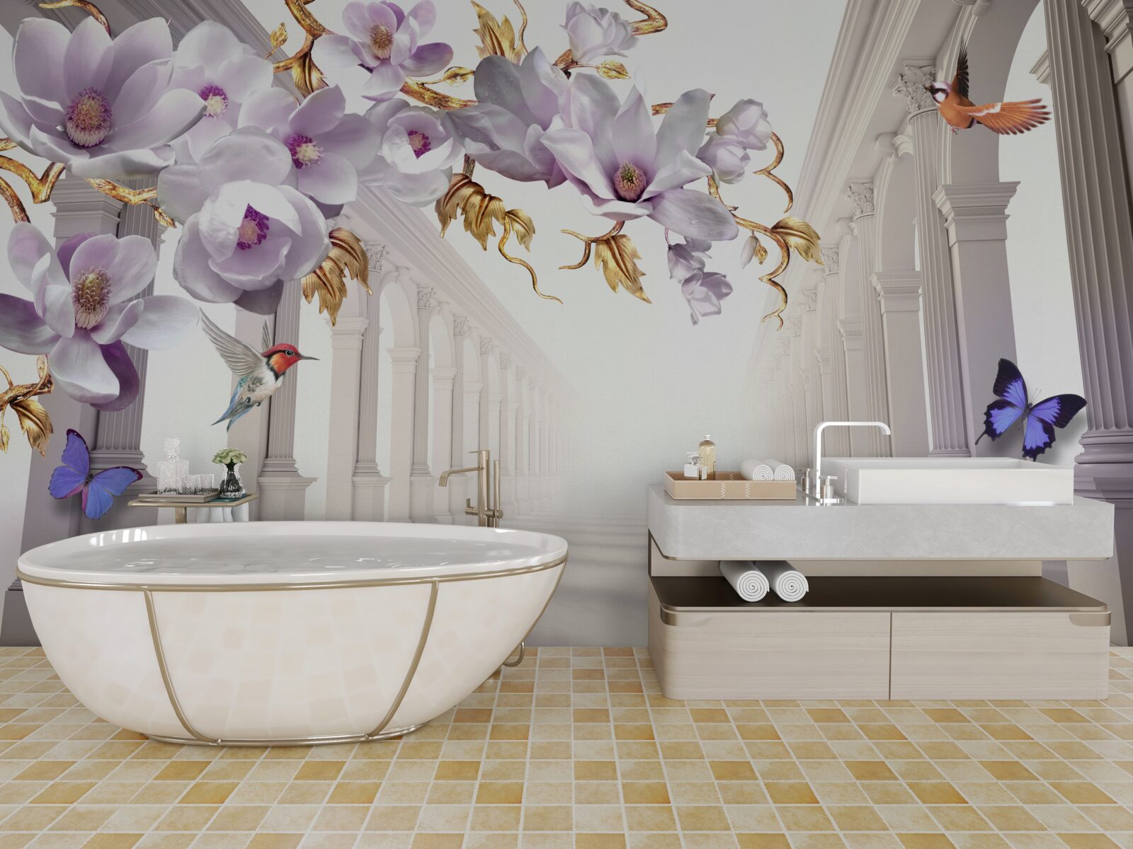 Fototapet tunel fără sfârșit decorat cu flori strălucitoare și fluturi