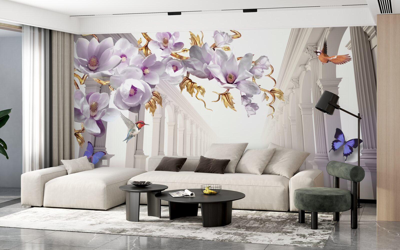 Fototapet tunel fără sfârșit decorat cu flori strălucitoare și fluturi