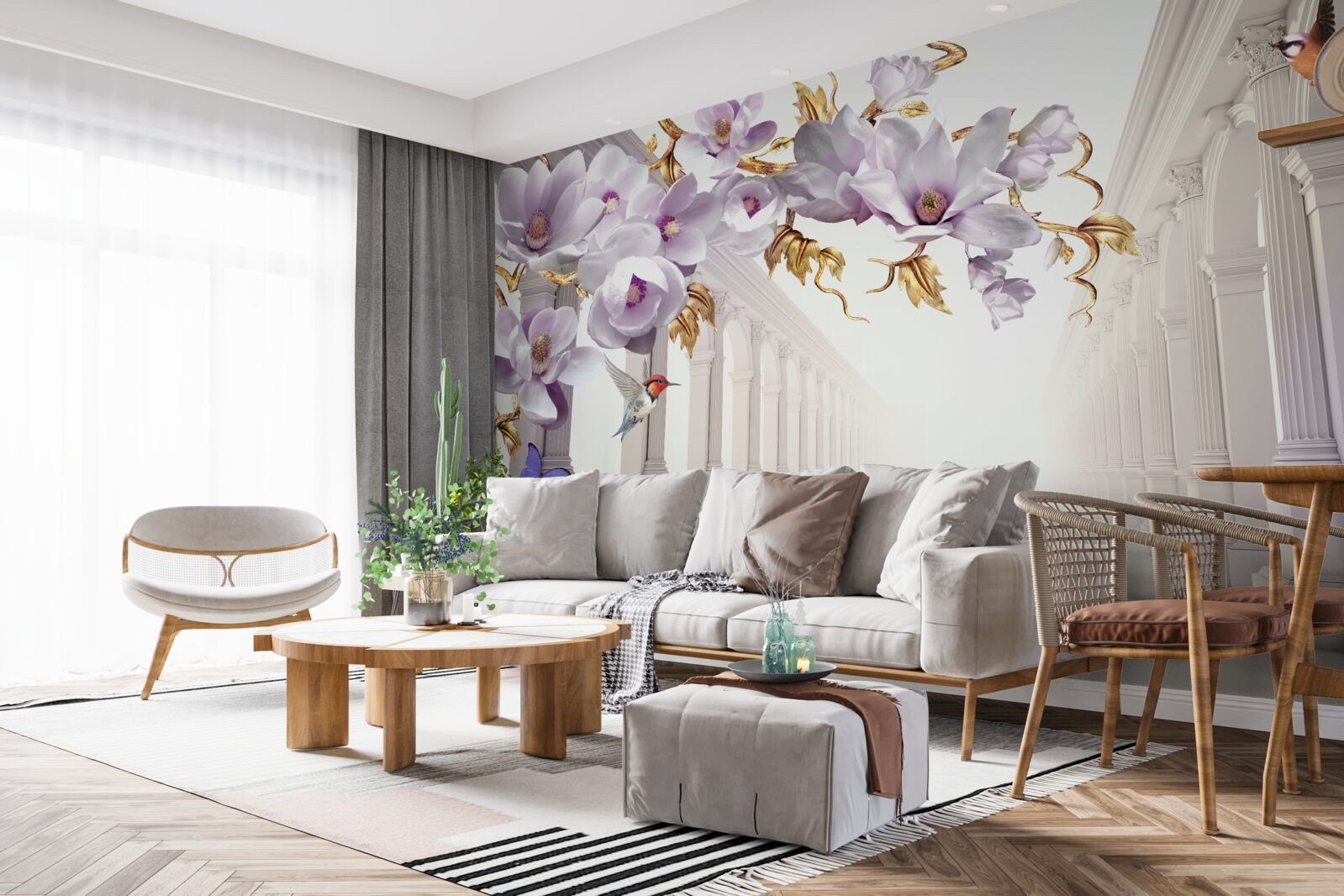 Fototapet tunel fără sfârșit decorat cu flori strălucitoare și fluturi