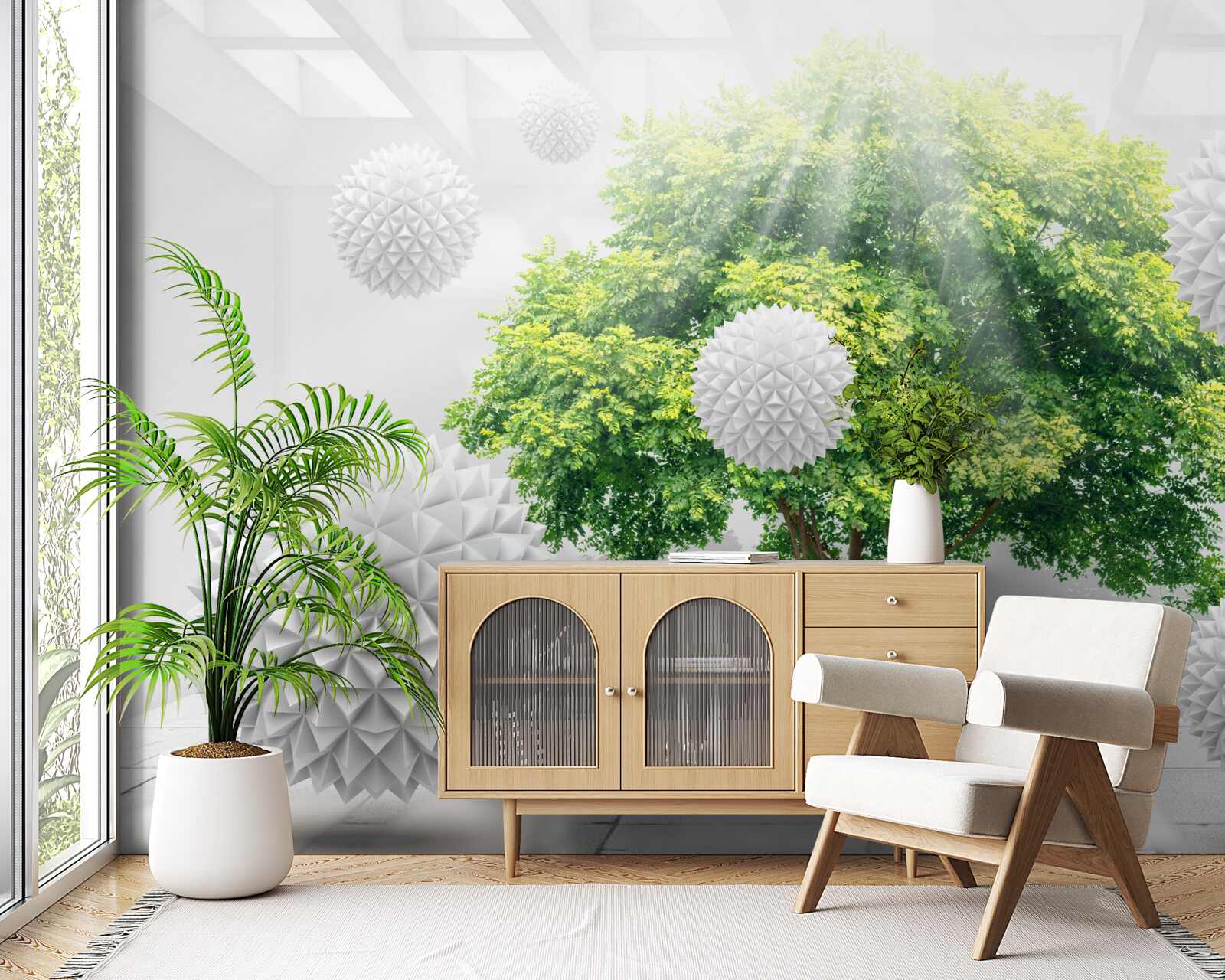 Fototapet razele soarelui luminează bilele albe, care contrastează cu verdele copacului