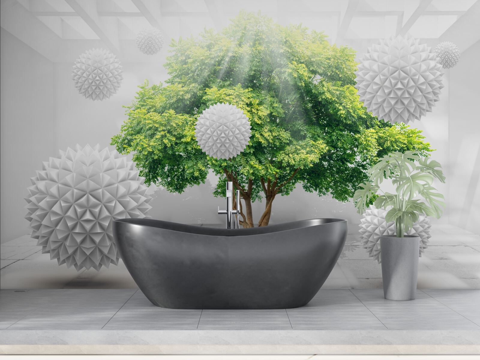 Fototapet razele soarelui luminează bilele albe, care contrastează cu verdele copacului