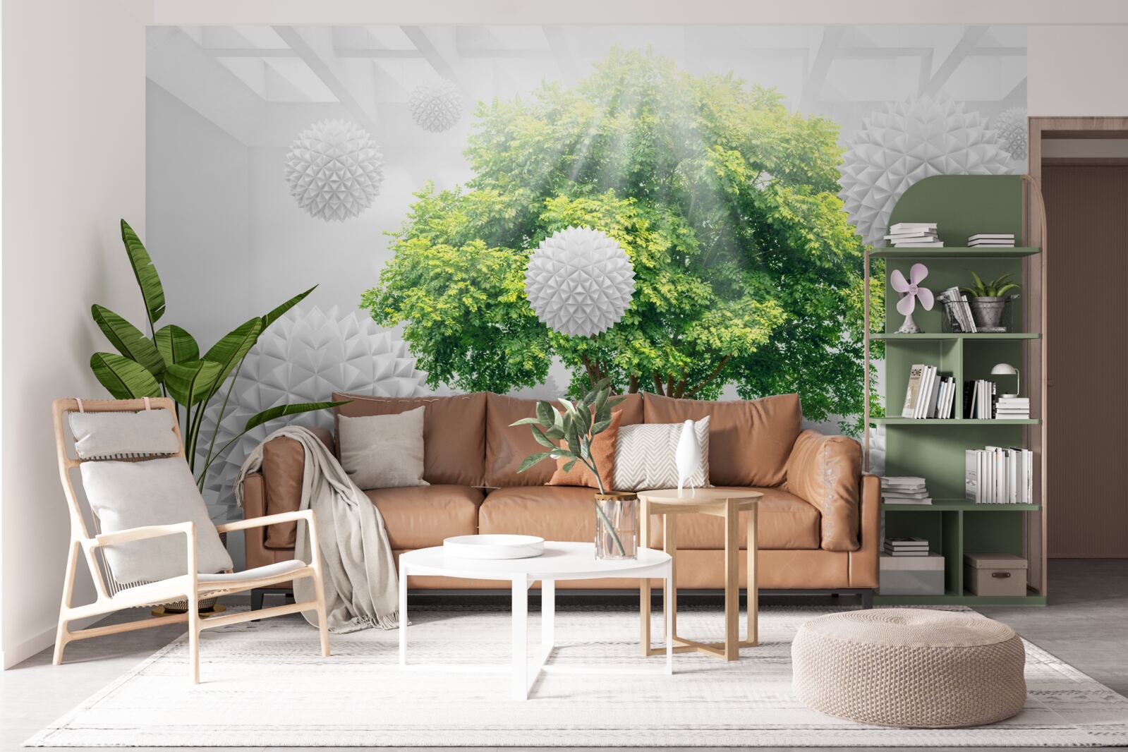 Fototapet razele soarelui luminează bilele albe, care contrastează cu verdele copacului