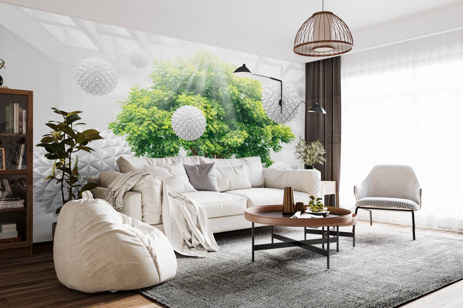 Fototapet razele soarelui luminează bilele albe, care contrastează cu verdele copacului