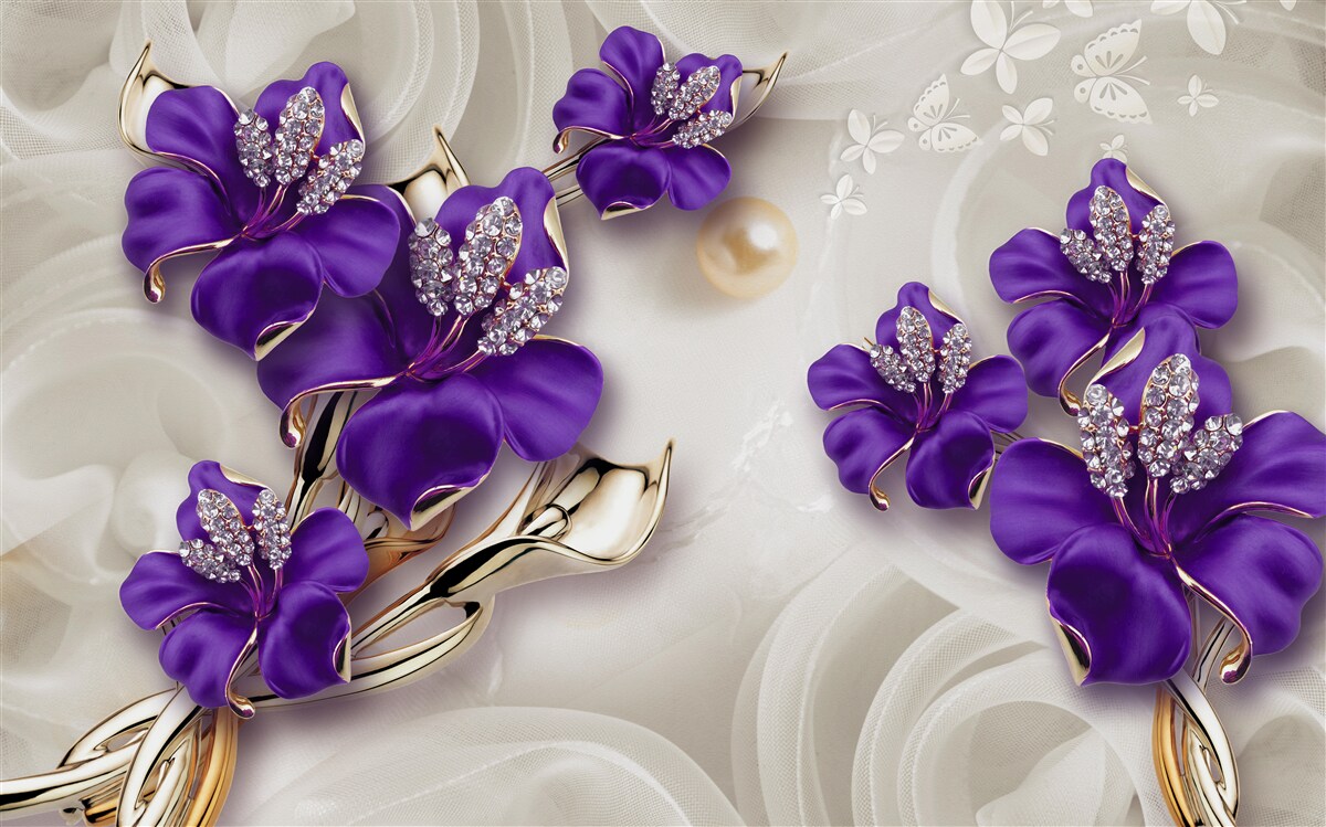 Fototapet ramuri de crin în albastru cu decorațiuni de perle