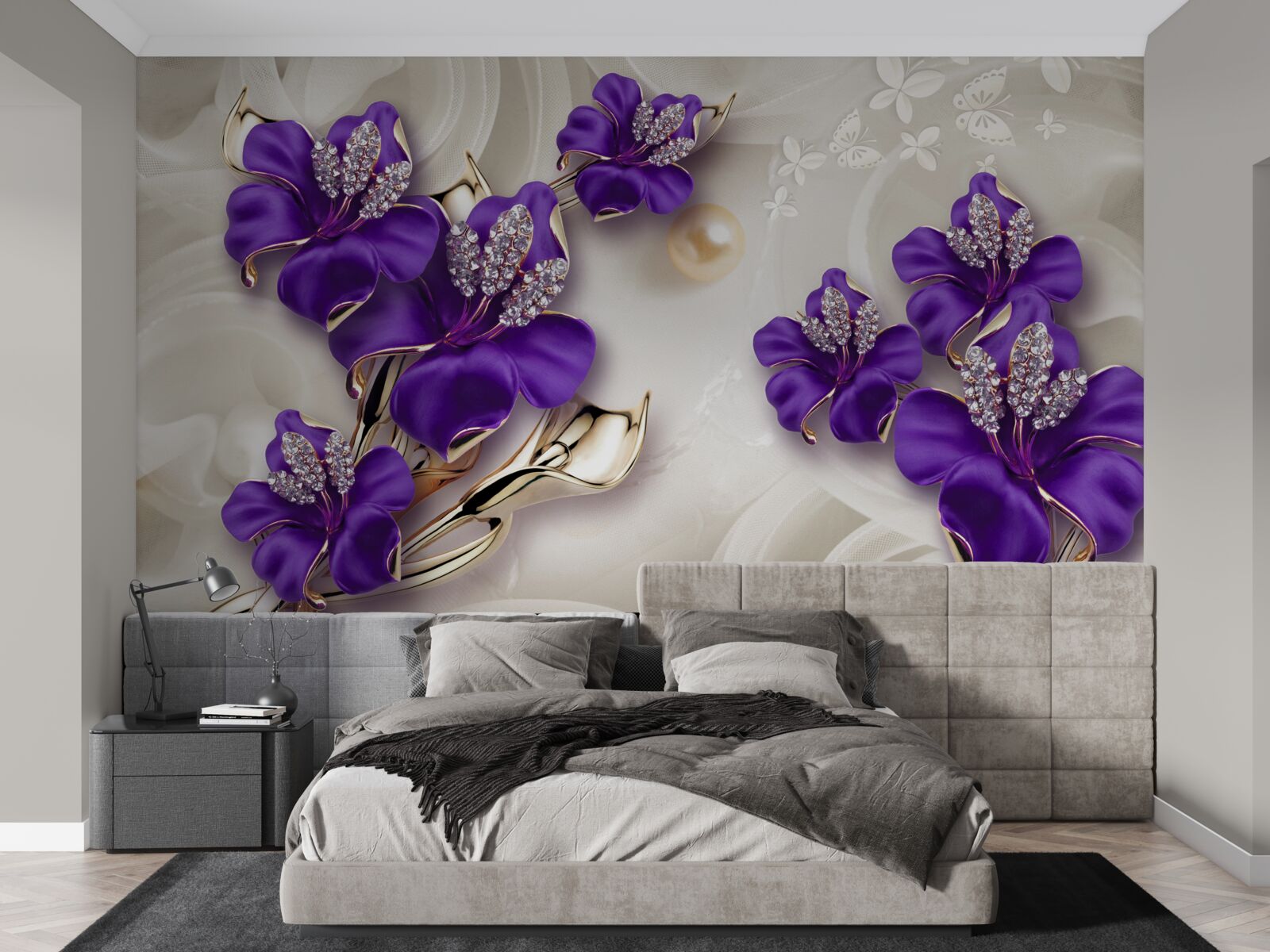 Fototapet ramuri de crin în albastru cu decorațiuni de perle