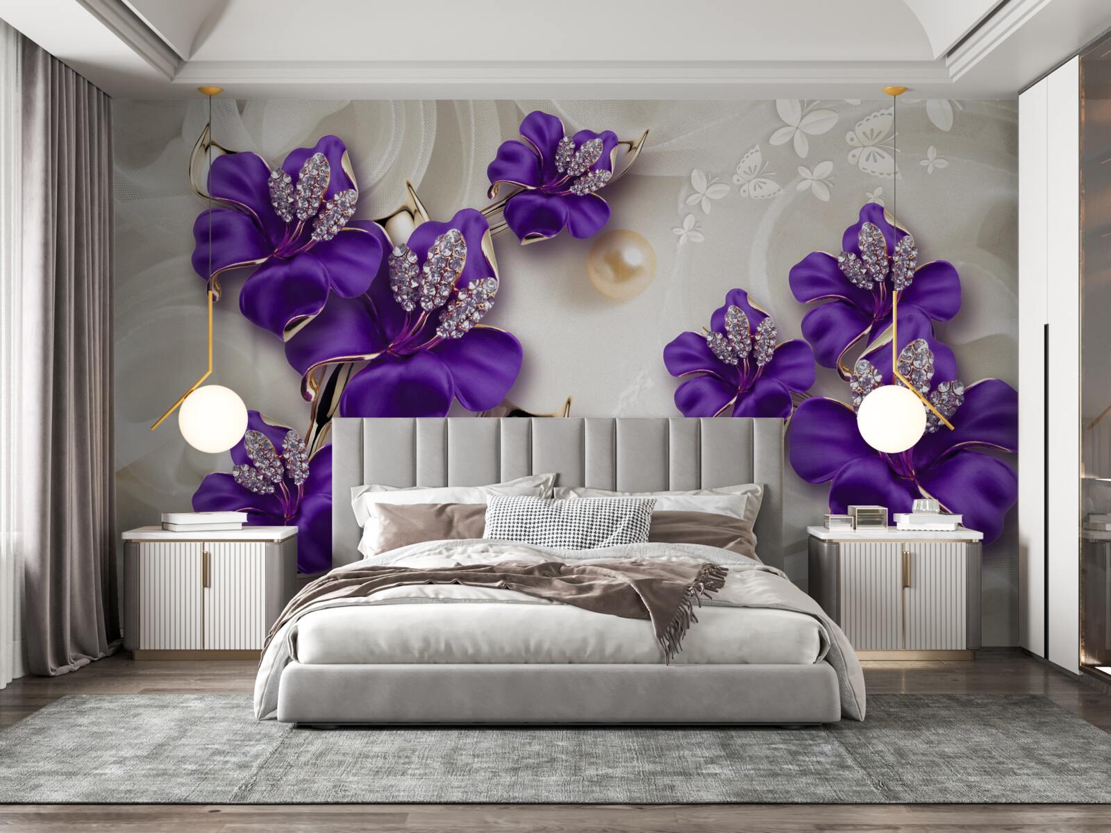 Fototapet ramuri de crin în albastru cu decorațiuni de perle