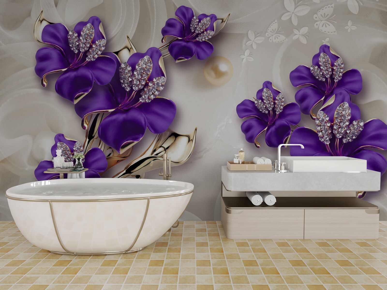 Fototapet ramuri de crin în albastru cu decorațiuni de perle