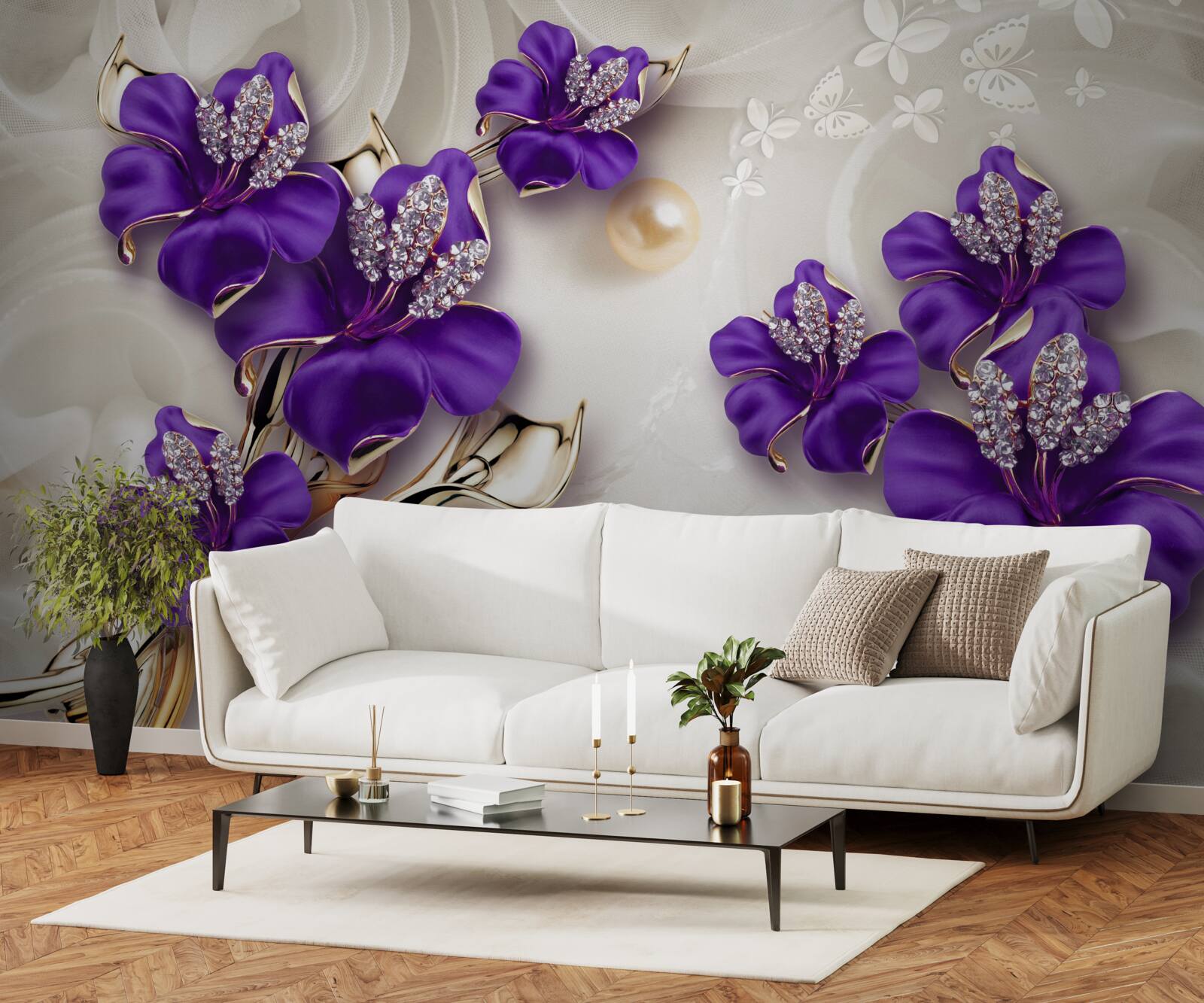 Fototapet ramuri de crin în albastru cu decorațiuni de perle