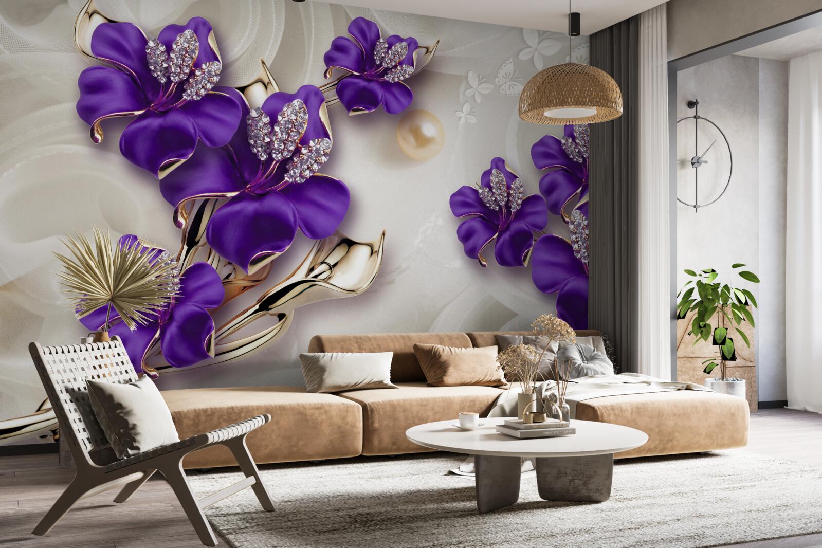 Fototapet ramuri de crin în albastru cu decorațiuni de perle