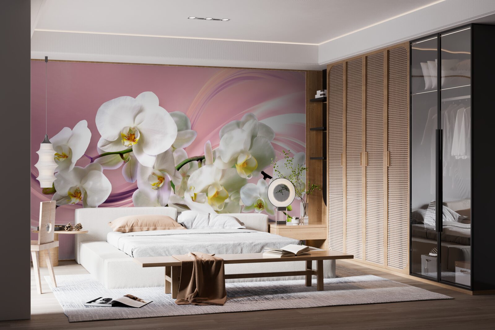 Fototapet orhidee mari albe pe un fundal roz