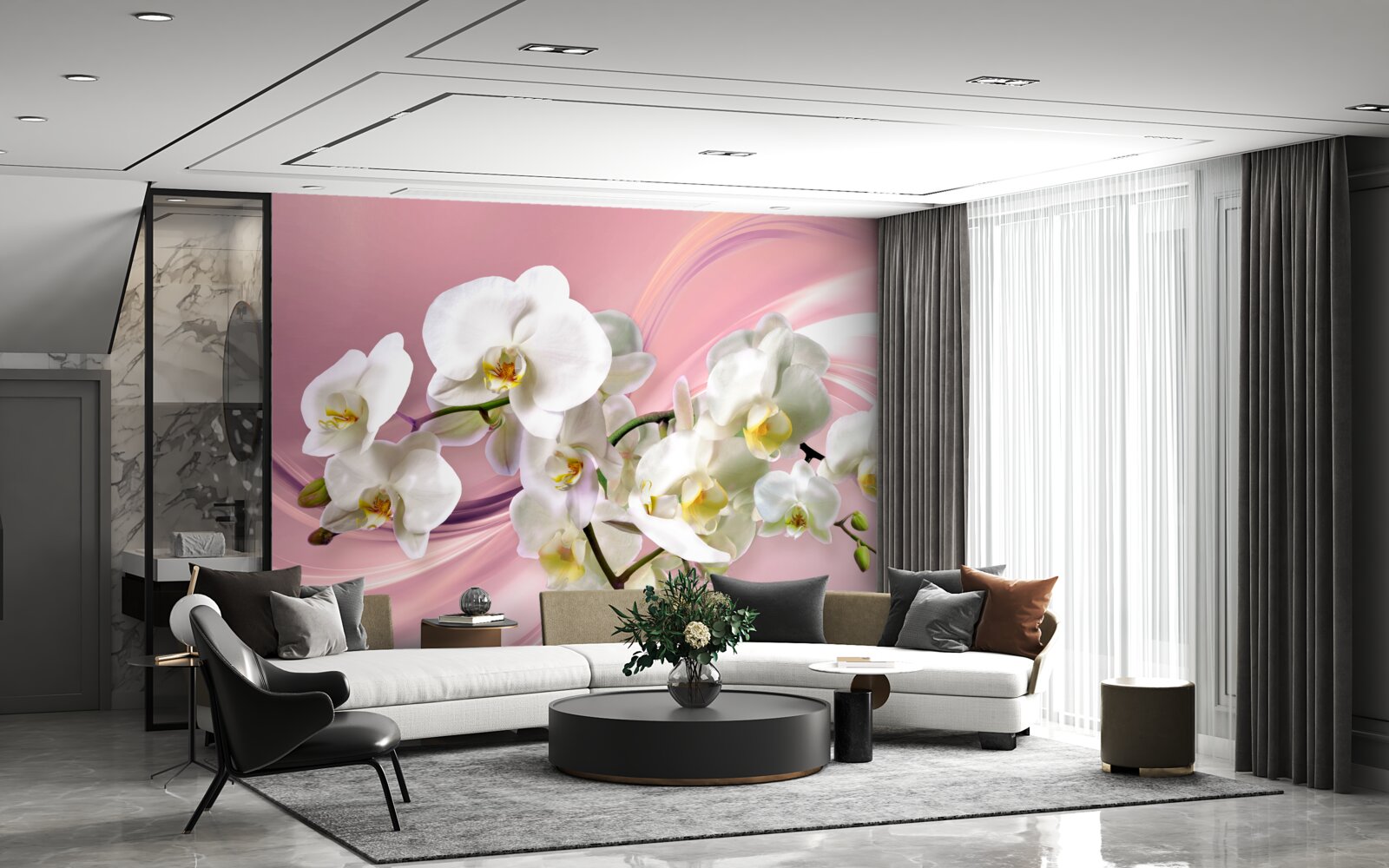 Fototapet orhidee mari albe pe un fundal roz