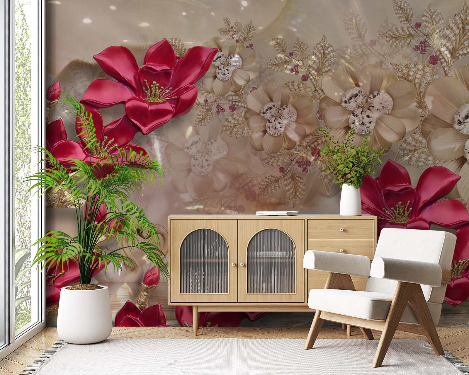 Fototapet ramurile roșii sunt decorate cu aur și perle