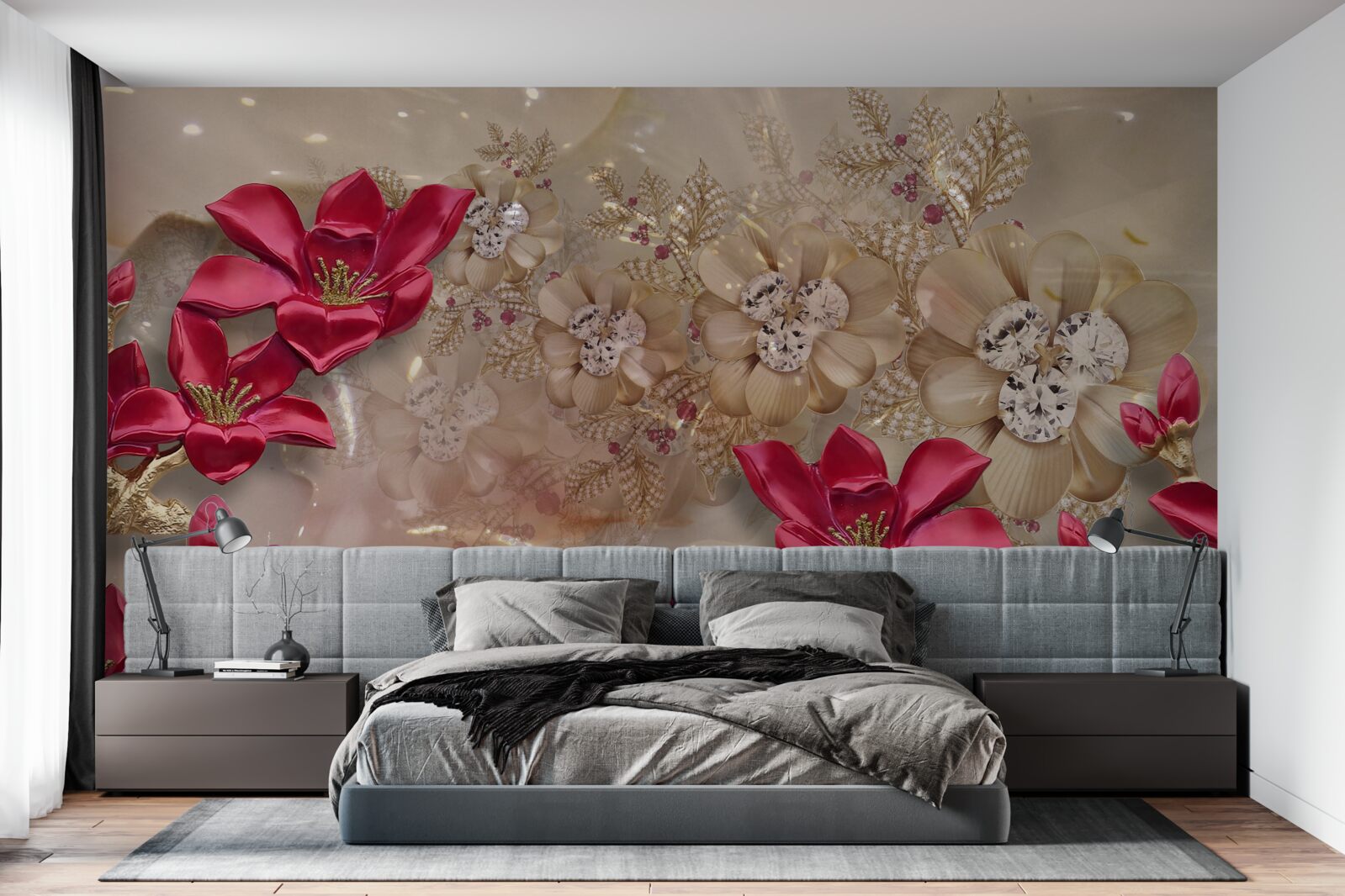 Fototapet ramurile roșii sunt decorate cu aur și perle