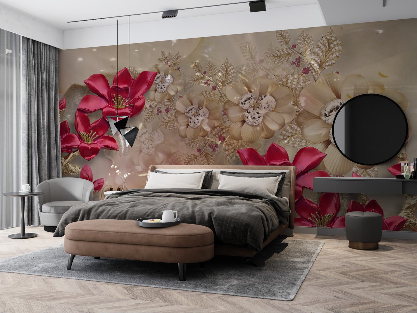 Fototapet ramurile roșii sunt decorate cu aur și perle