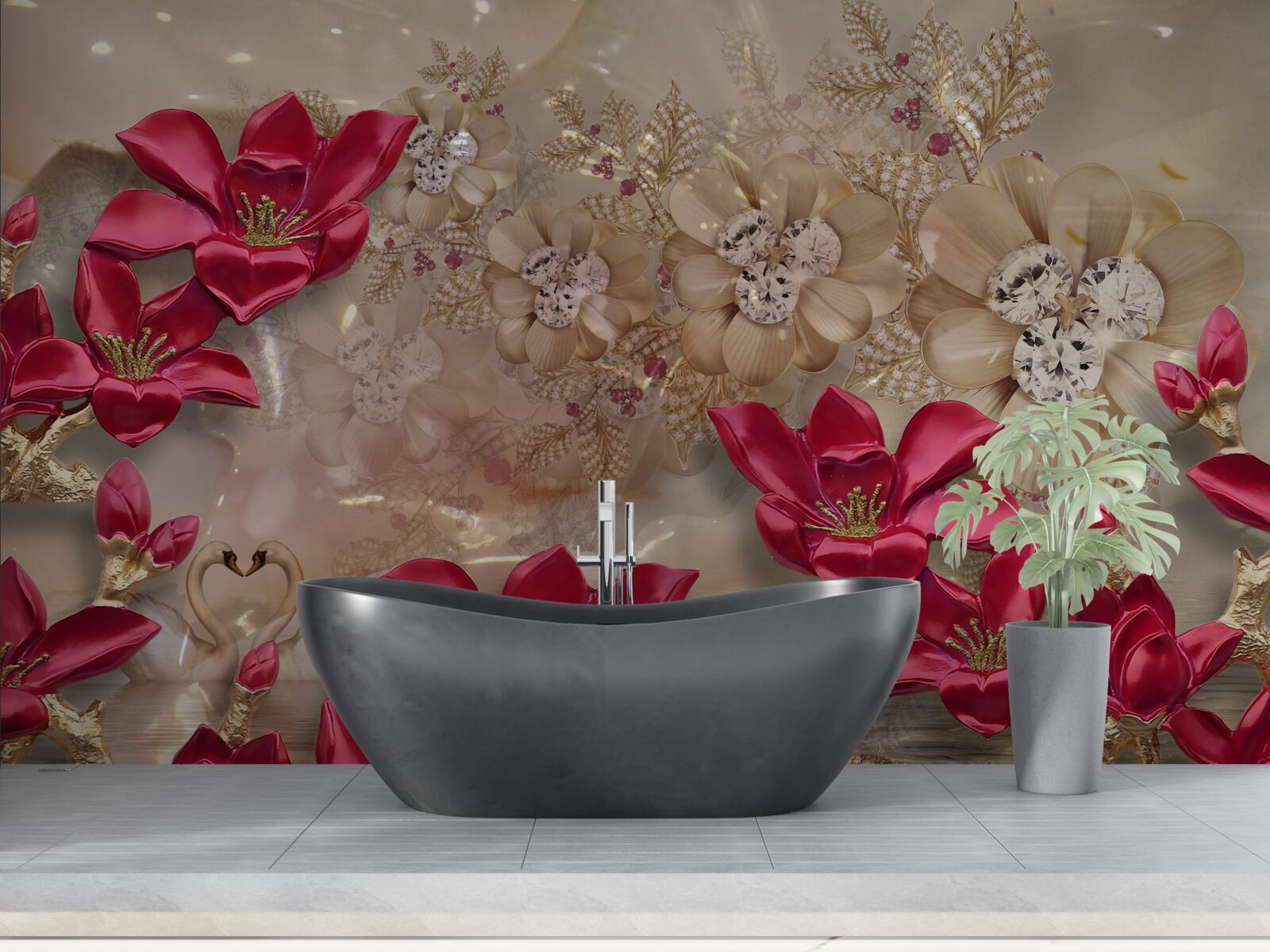 Fototapet ramurile roșii sunt decorate cu aur și perle