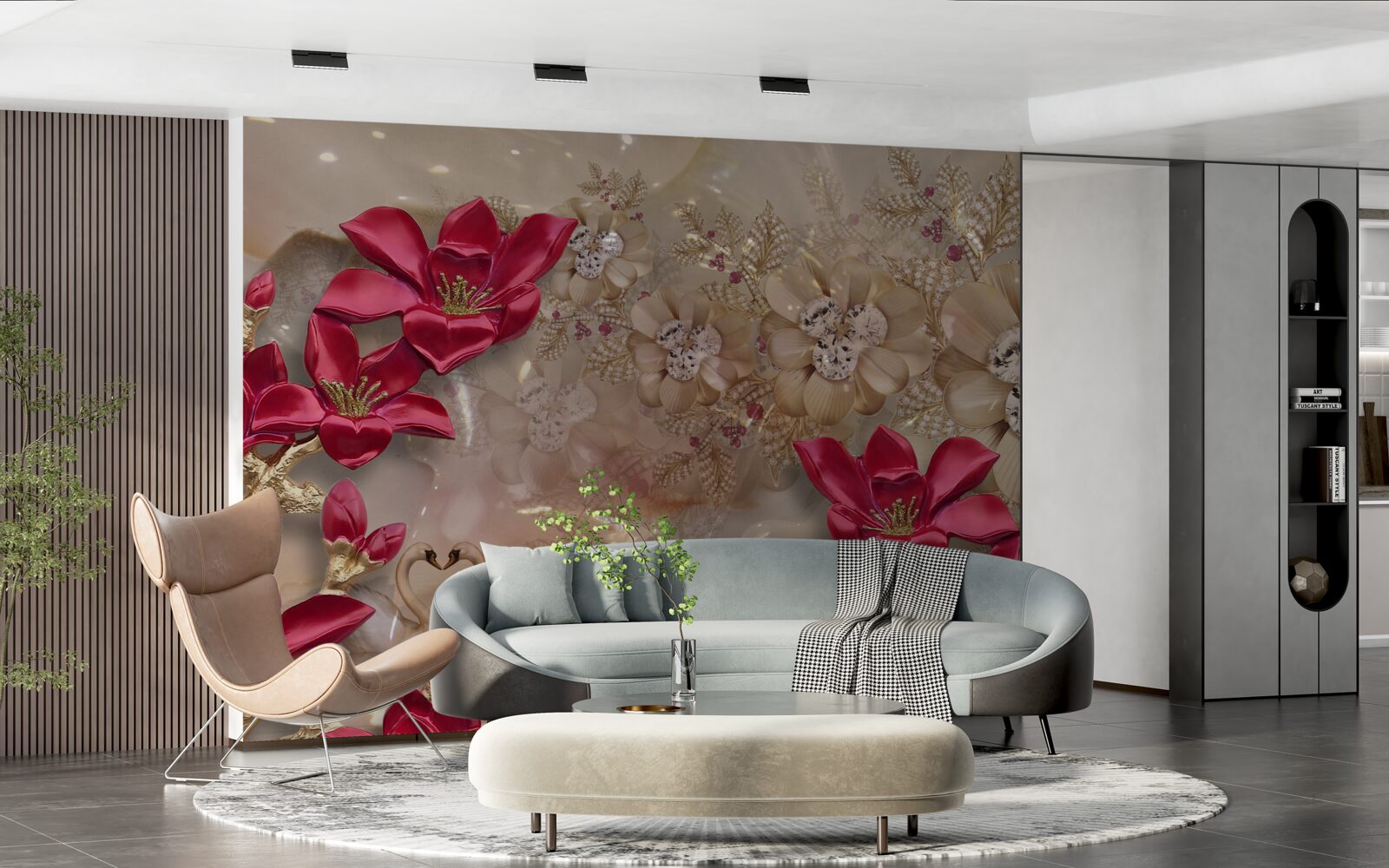 Fototapet ramurile roșii sunt decorate cu aur și perle