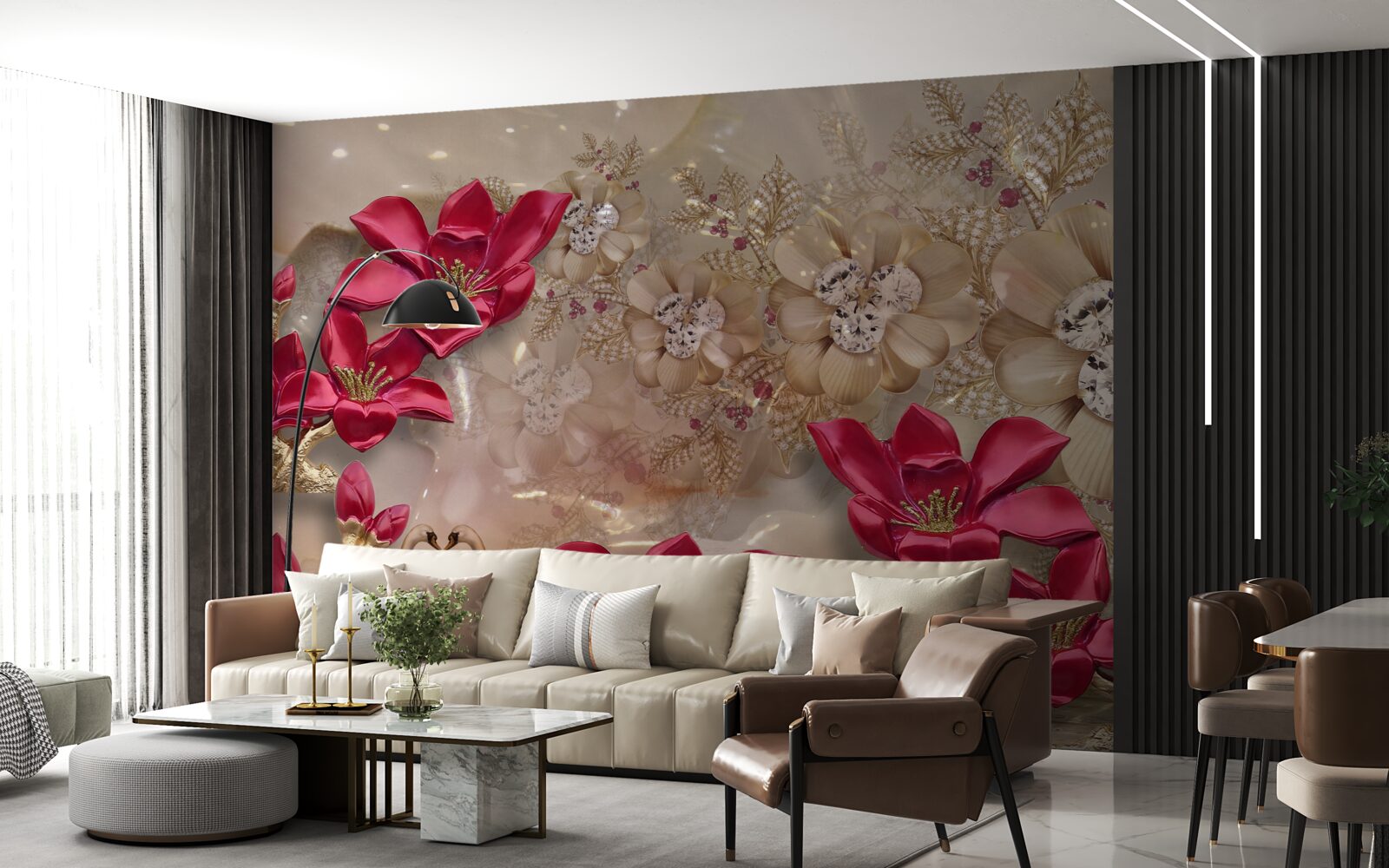 Fototapet ramurile roșii sunt decorate cu aur și perle