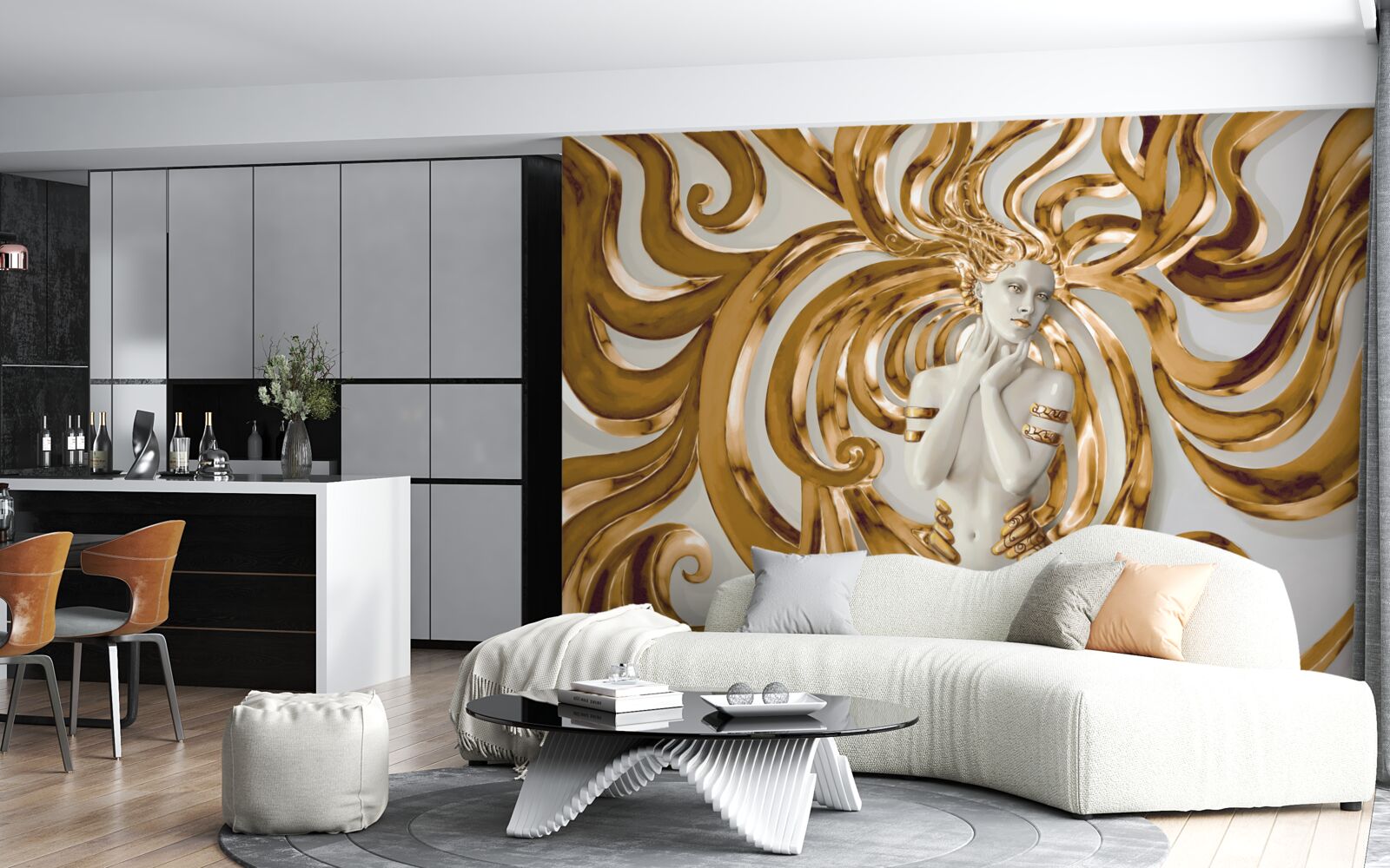 Fototapet linii aurii și conturul unei fete