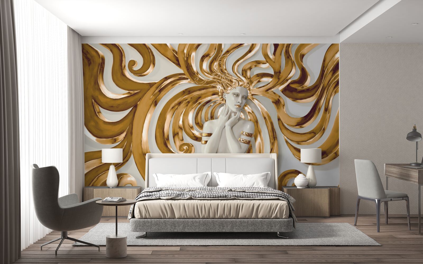 Fototapet linii aurii și conturul unei fete