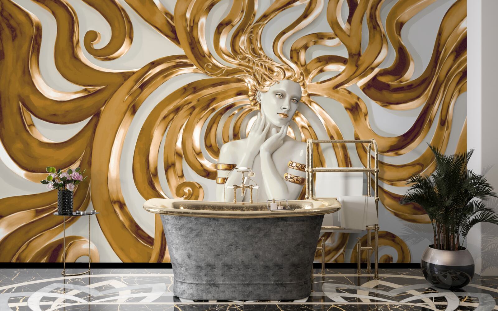 Fototapet linii aurii și conturul unei fete