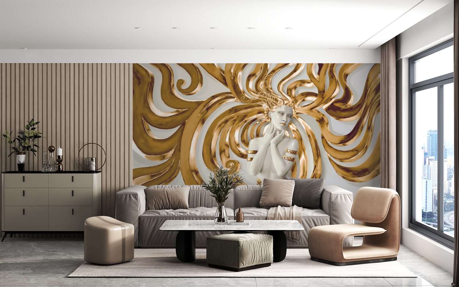 Fototapet linii aurii și conturul unei fete