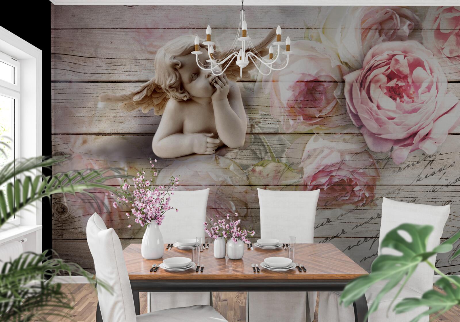 Fototapet înger reflectorizant și muguri de trandafir stacojiu