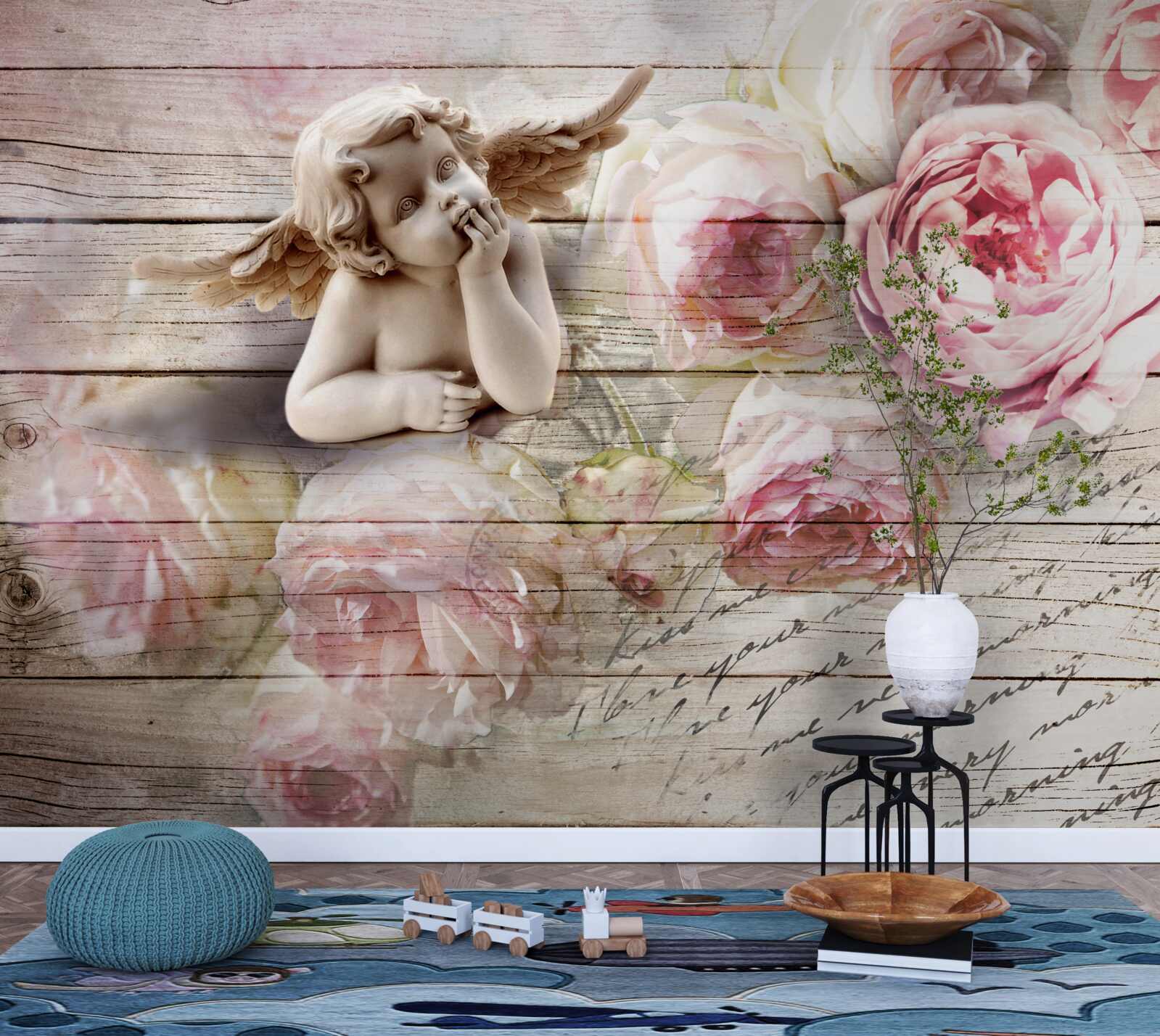 Fototapet înger reflectorizant și muguri de trandafir stacojiu