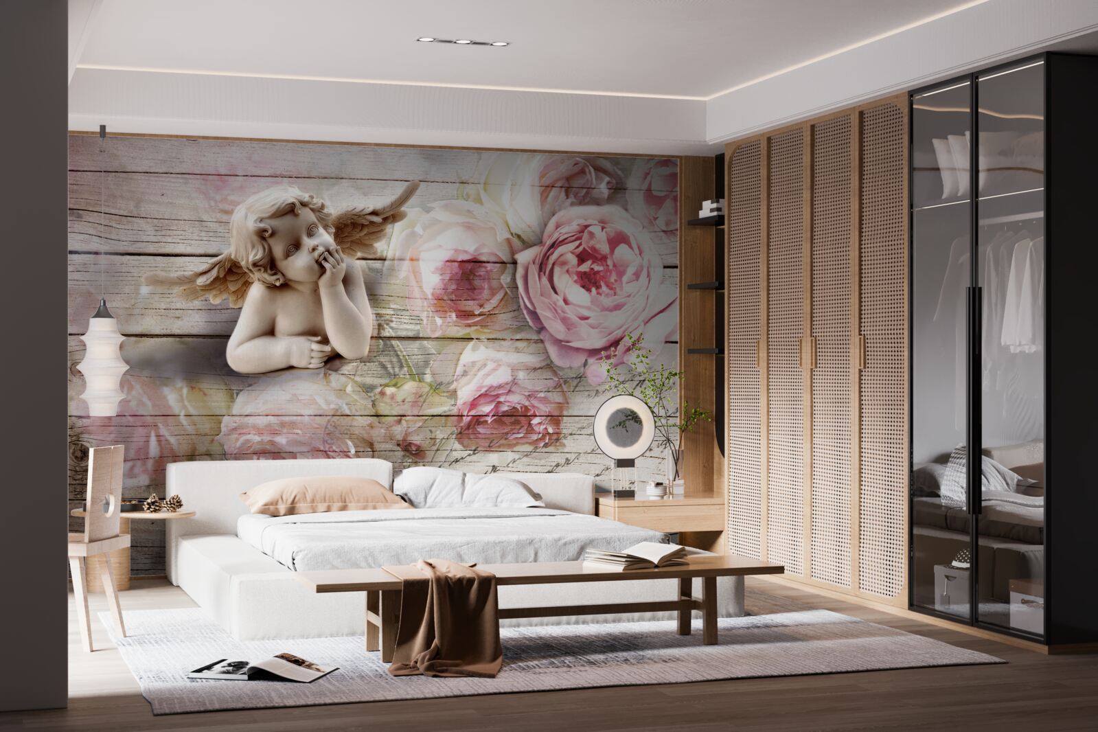 Fototapet înger reflectorizant și muguri de trandafir stacojiu