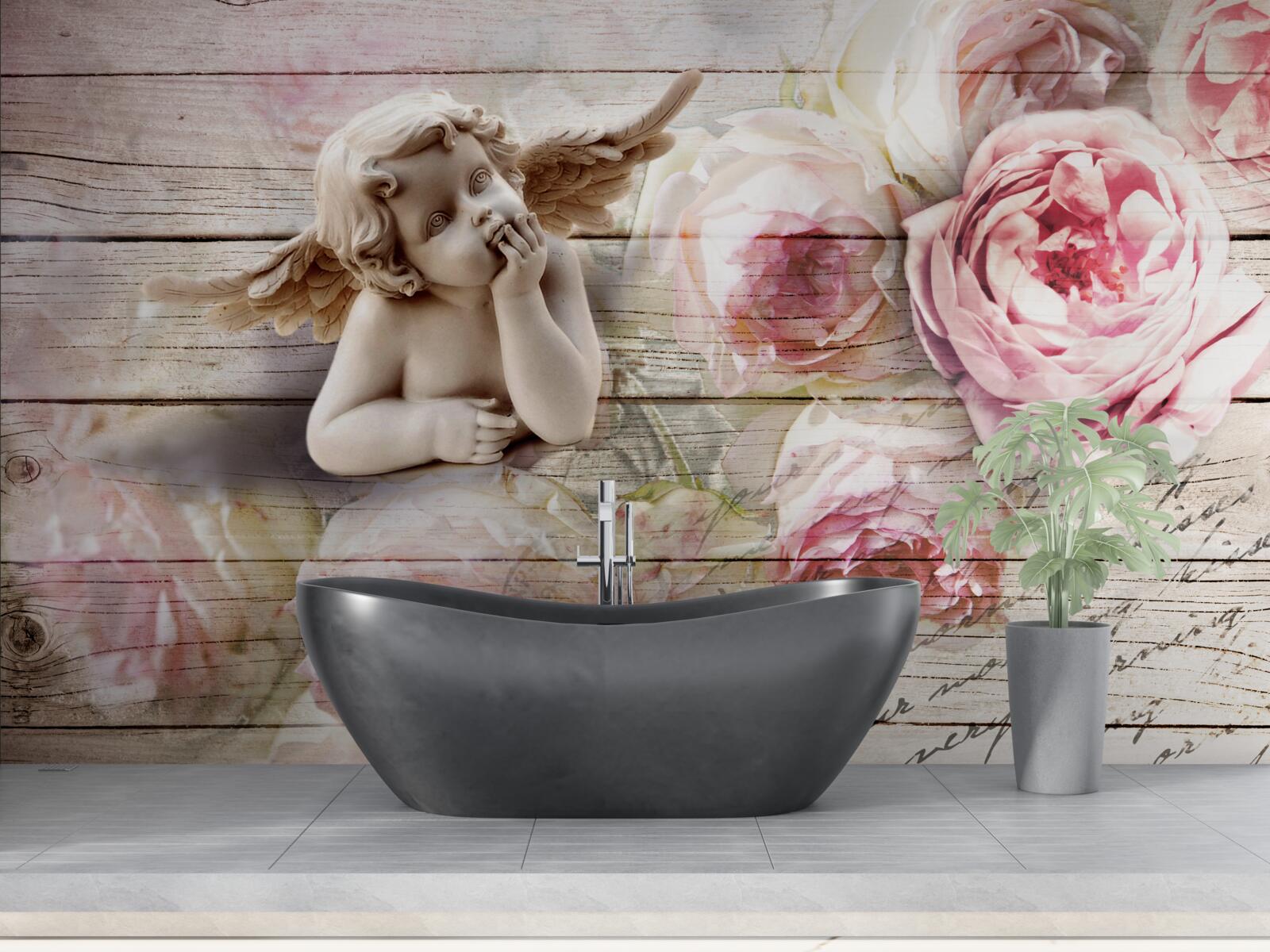 Fototapet înger reflectorizant și muguri de trandafir stacojiu