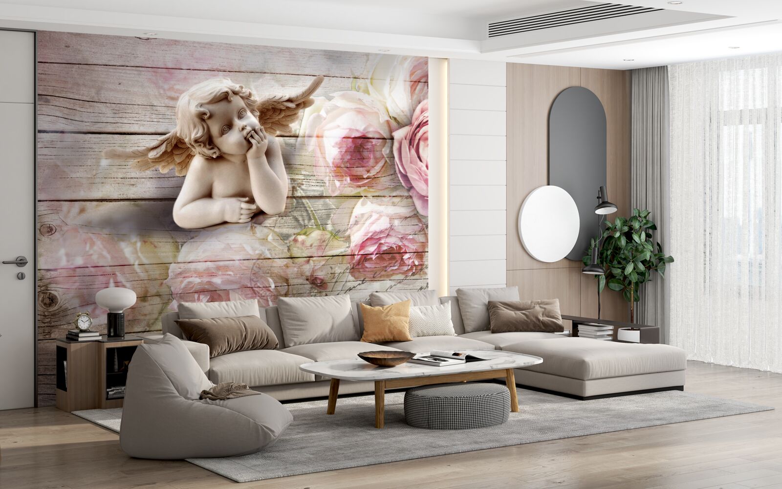 Fototapet înger reflectorizant și muguri de trandafir stacojiu