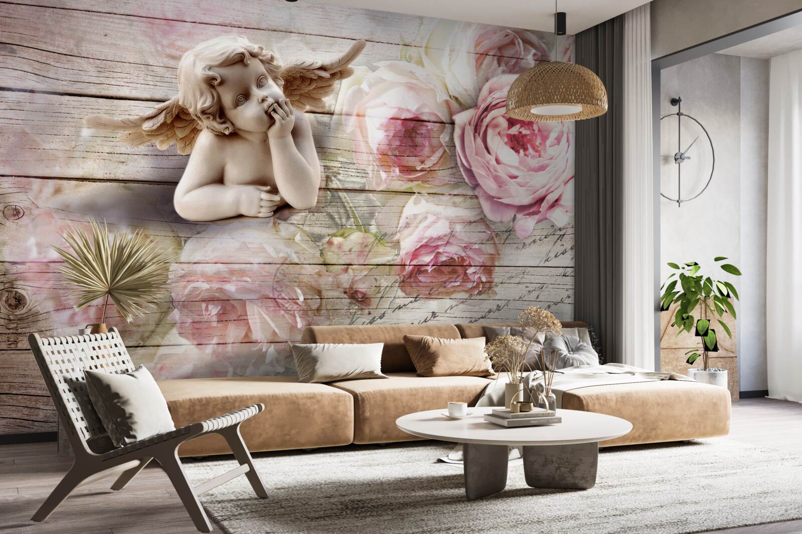 Fototapet înger reflectorizant și muguri de trandafir stacojiu