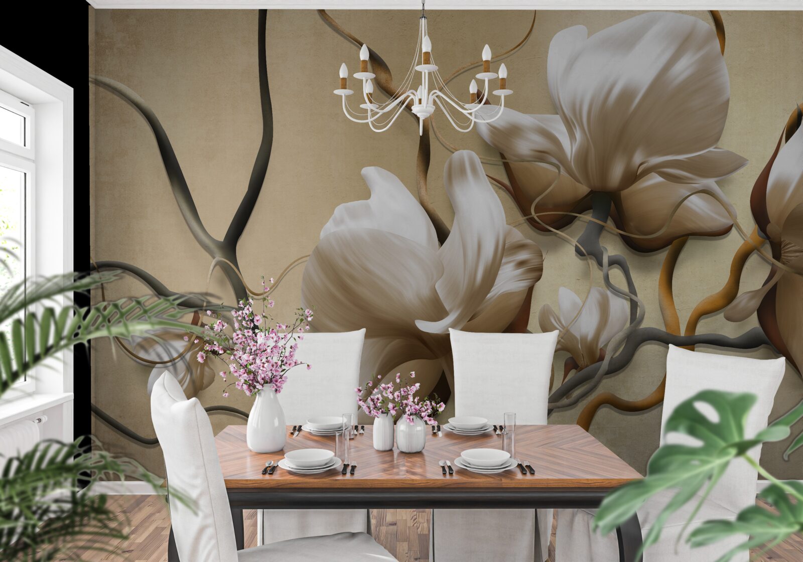 Fototapet ramuri elegante decorate cu flori albe