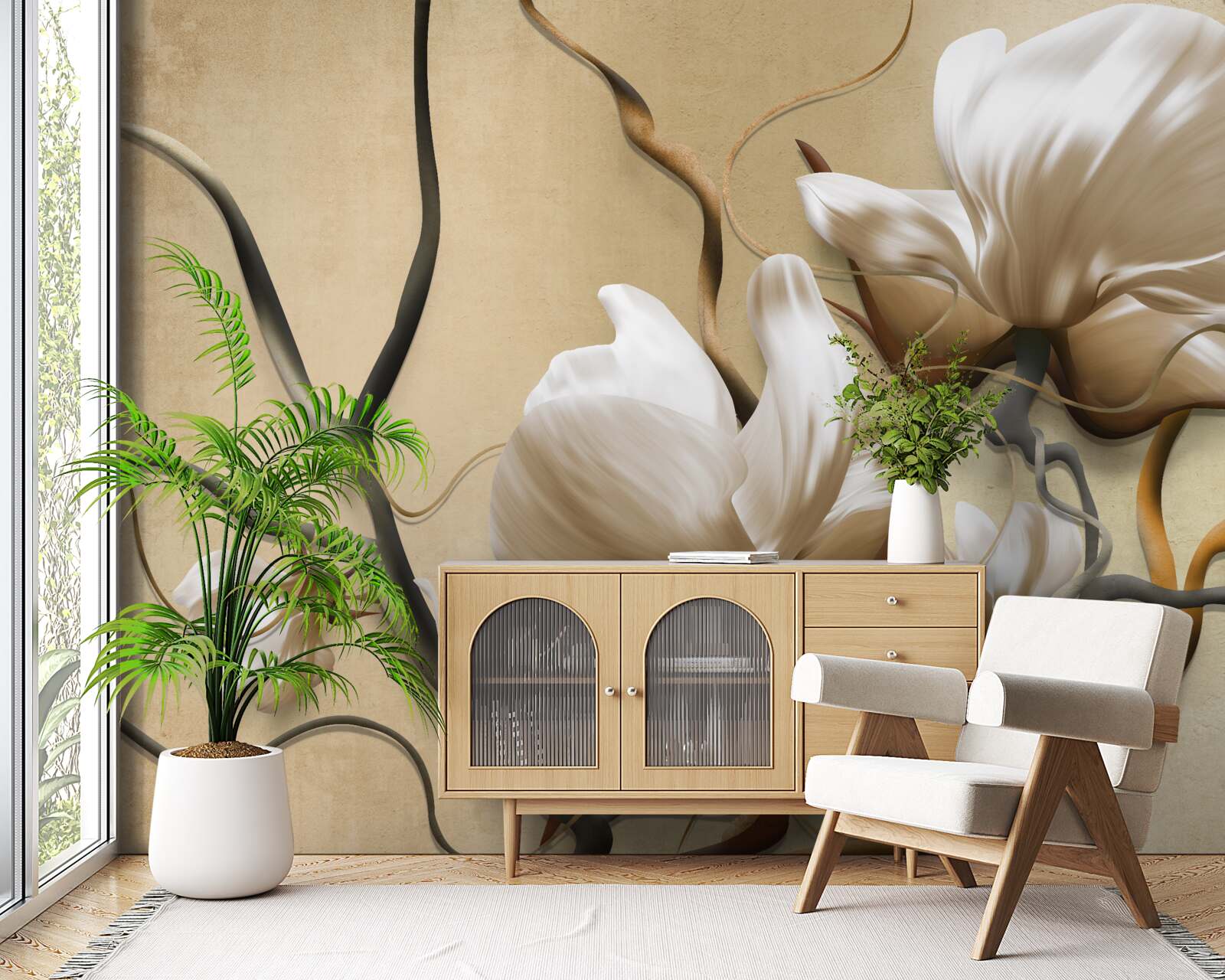 Fototapet ramuri elegante decorate cu flori albe