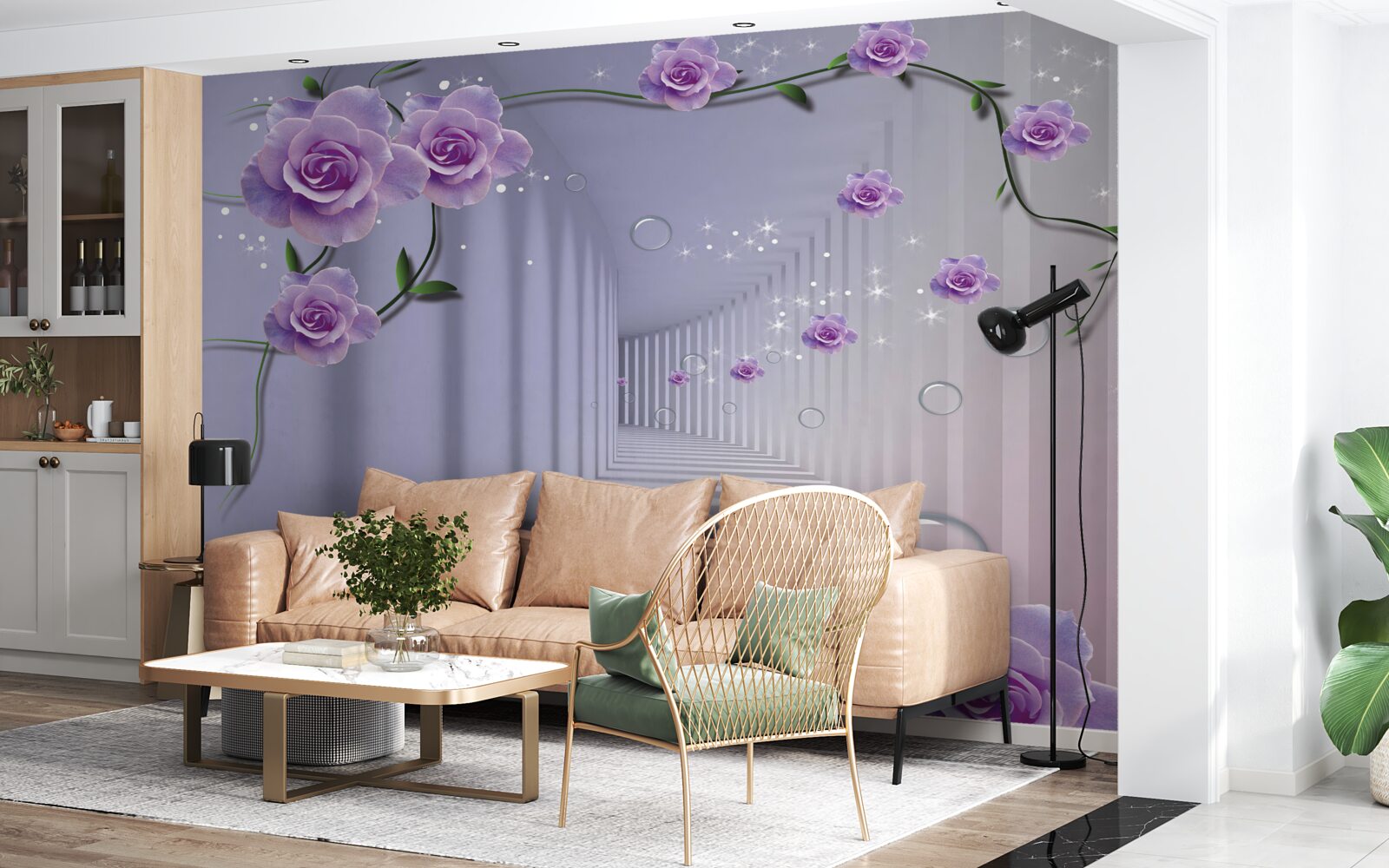 Fototapet în tunel înfloresc boboci delicați de flori albastre