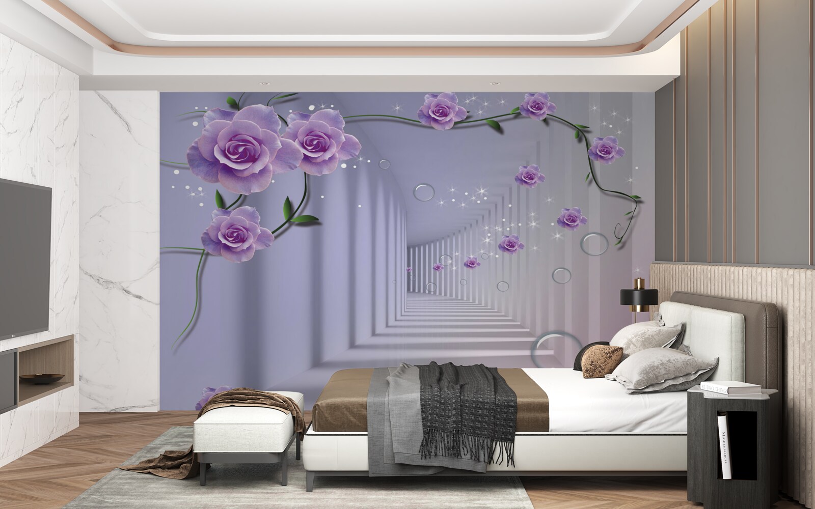 Fototapet în tunel înfloresc boboci delicați de flori albastre